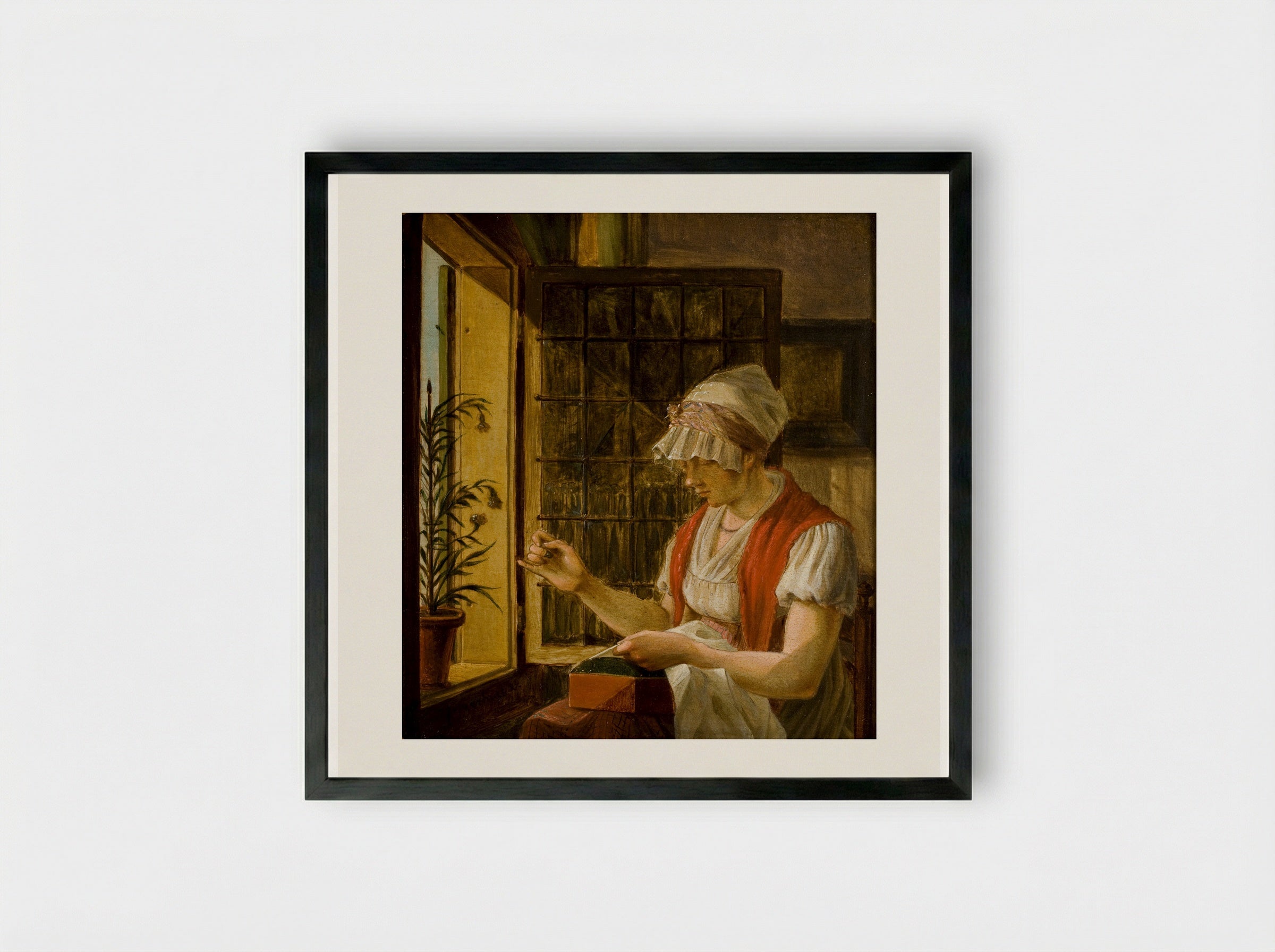 Woman Sewing by a Window - Johannes Jelgerhuis - Framed Print Black