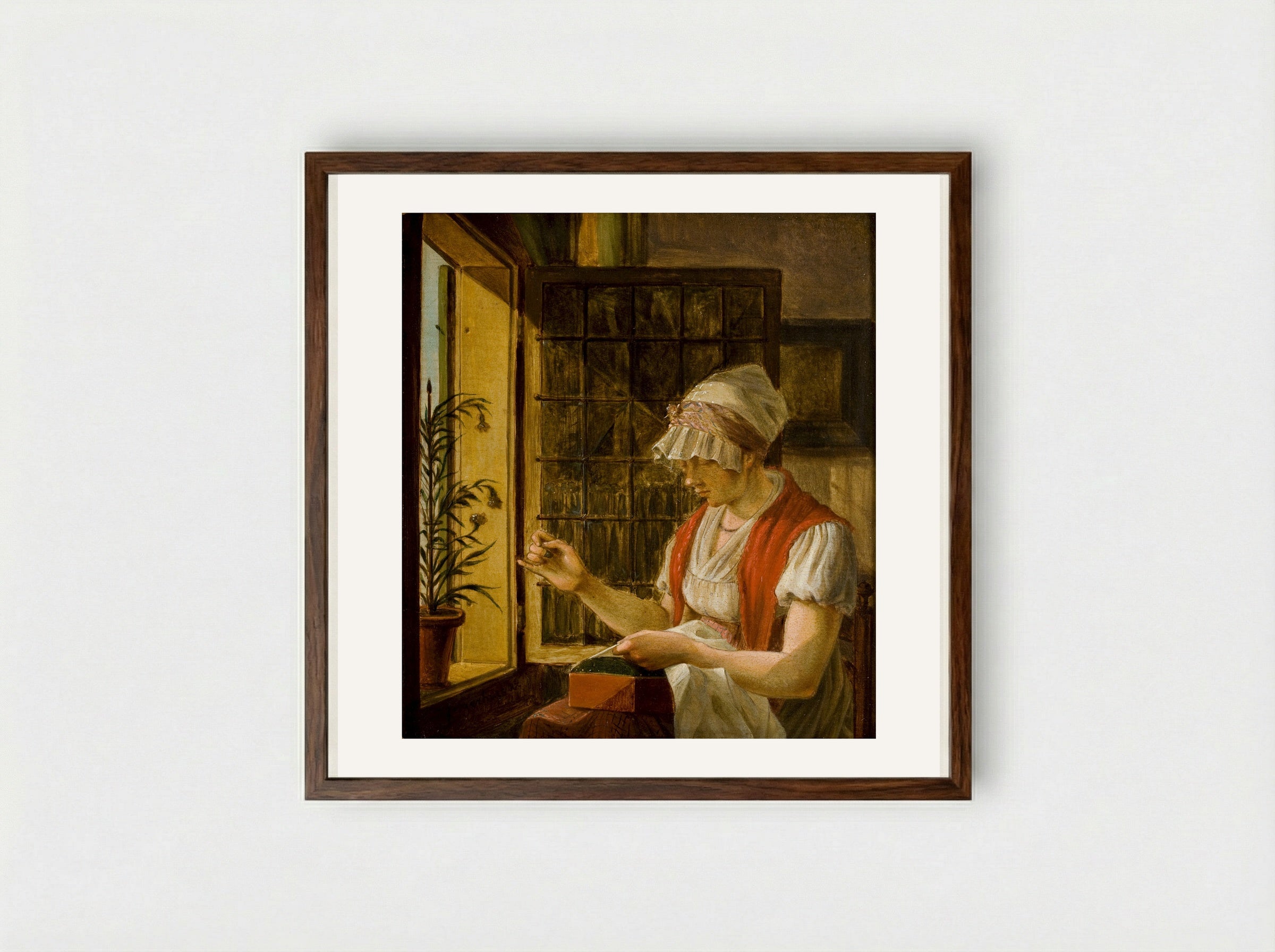 Woman Sewing by a Window - Johannes Jelgerhuis - Framed Print Dark Wood