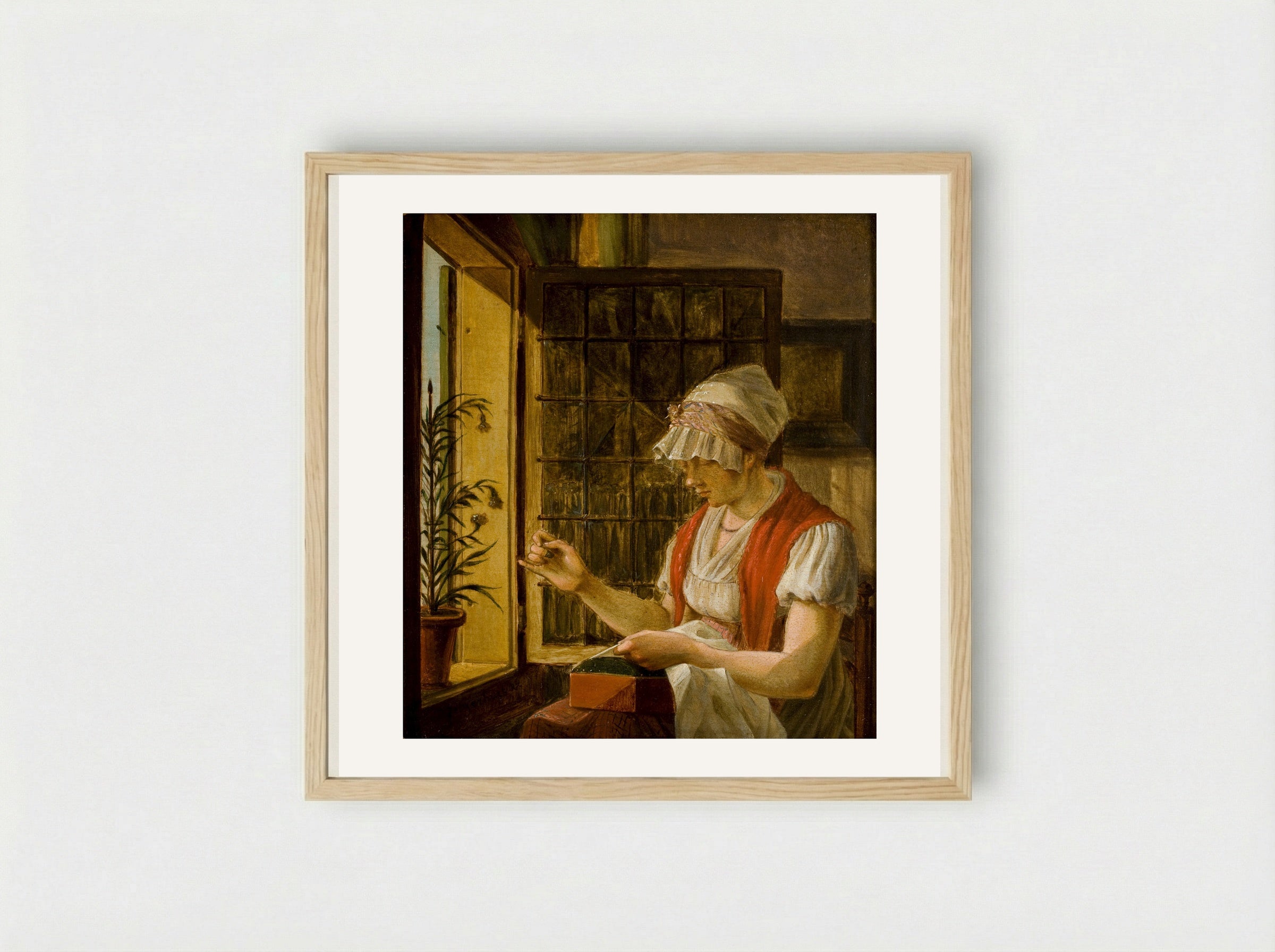 Woman Sewing by a Window - Johannes Jelgerhuis - Framed Print Wood