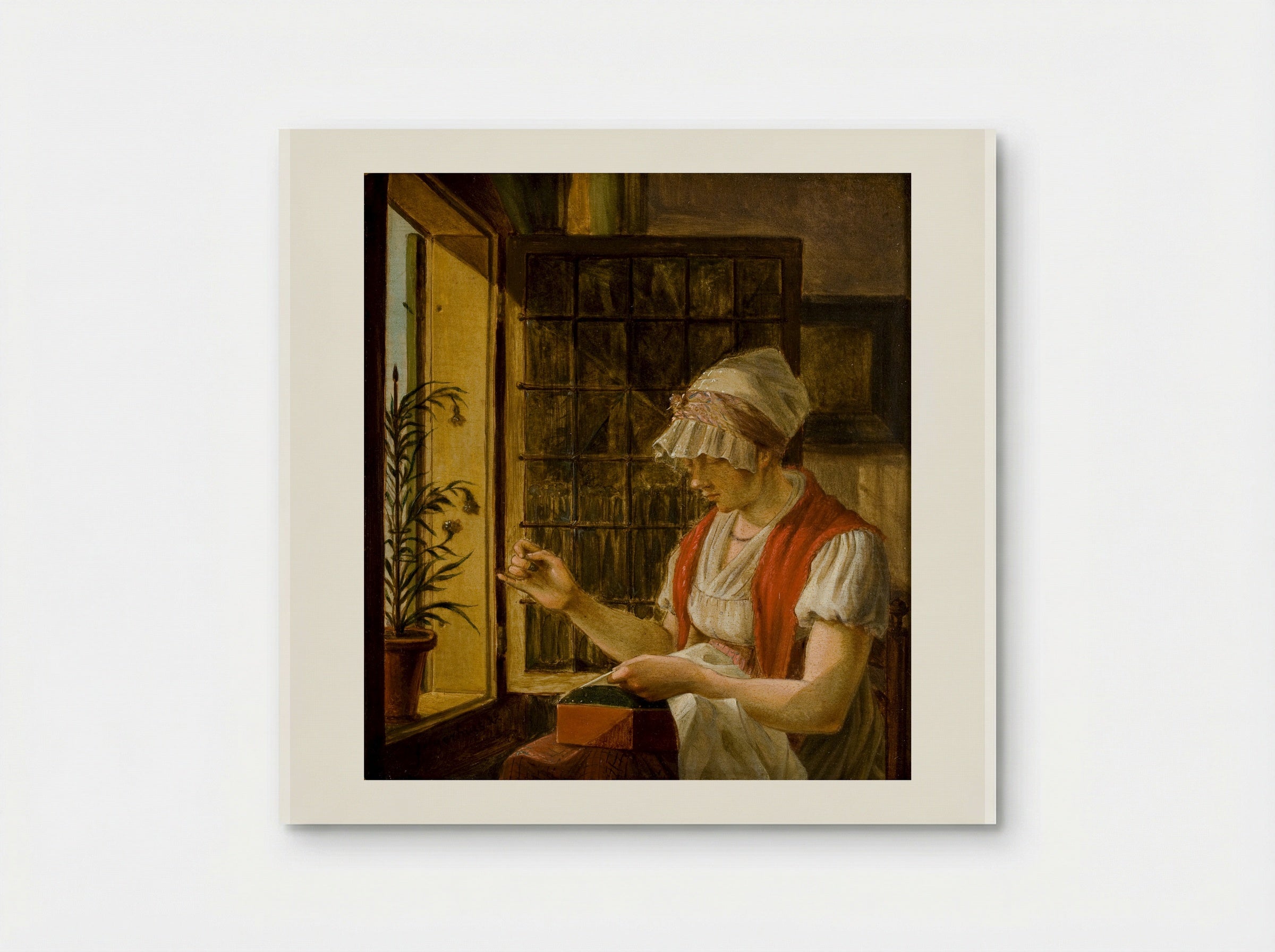 Woman Sewing by a Window - Johannes Jelgerhuis - Poster