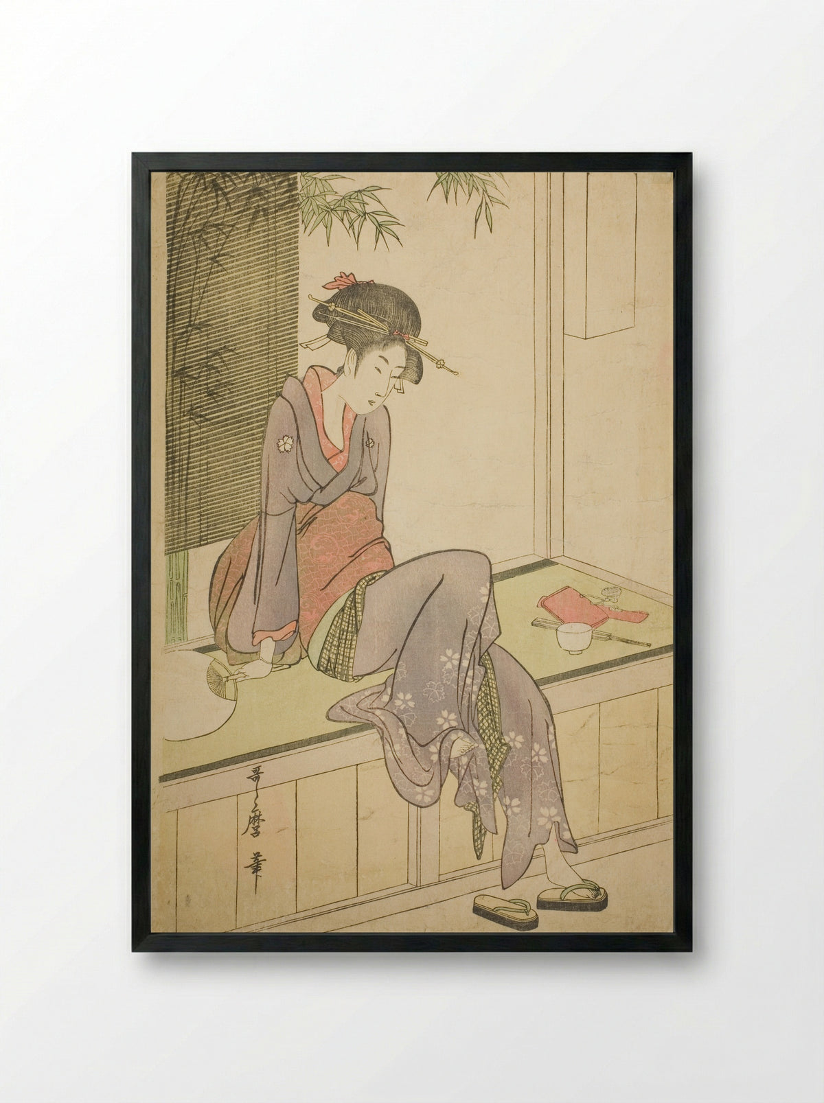 Woman Sitting on Veranda - Kitagawa Utamaro - Framed Print Black