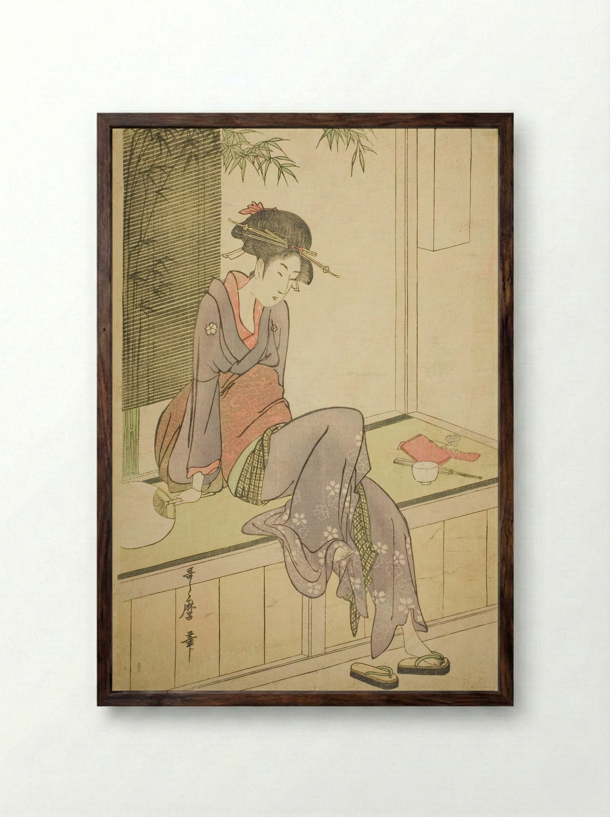 Woman Sitting on Veranda - Kitagawa Utamaro - Framed Print Dark Wood