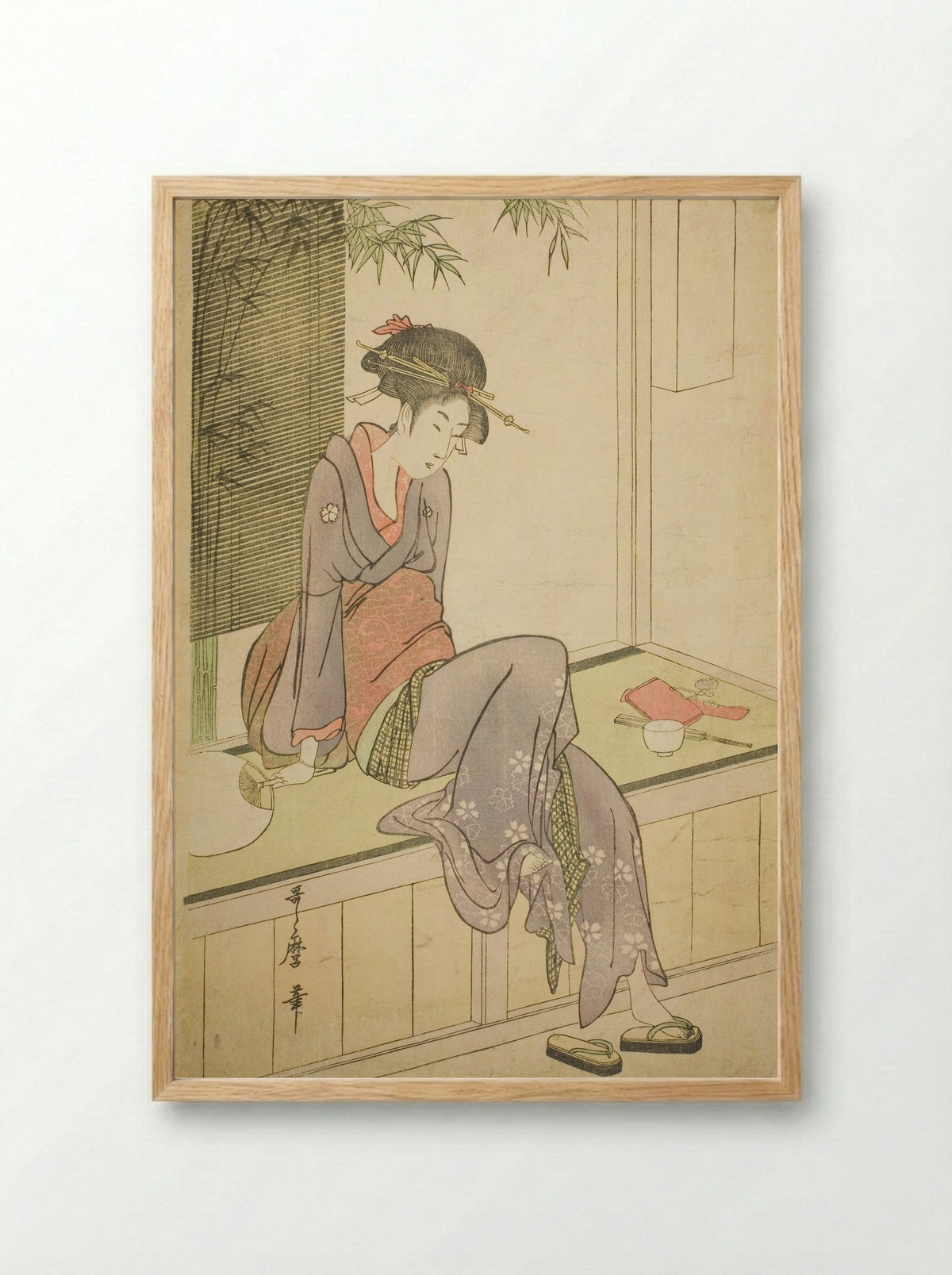 Woman Sitting on Veranda - Kitagawa Utamaro - Framed Print Wood