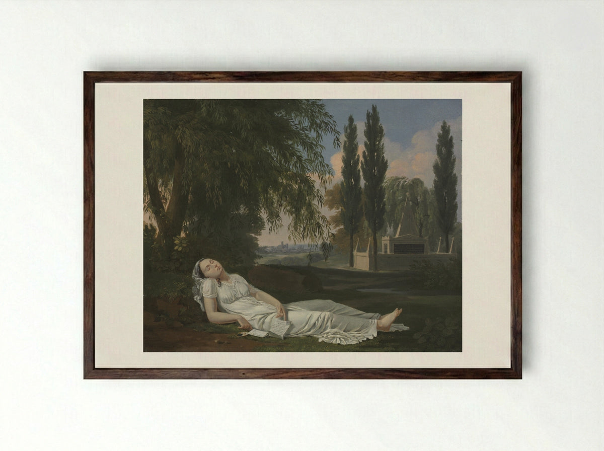Woman Sleeping in a Landscape with a Letter - Bernard Gaillot - Framed Print Dark Wood