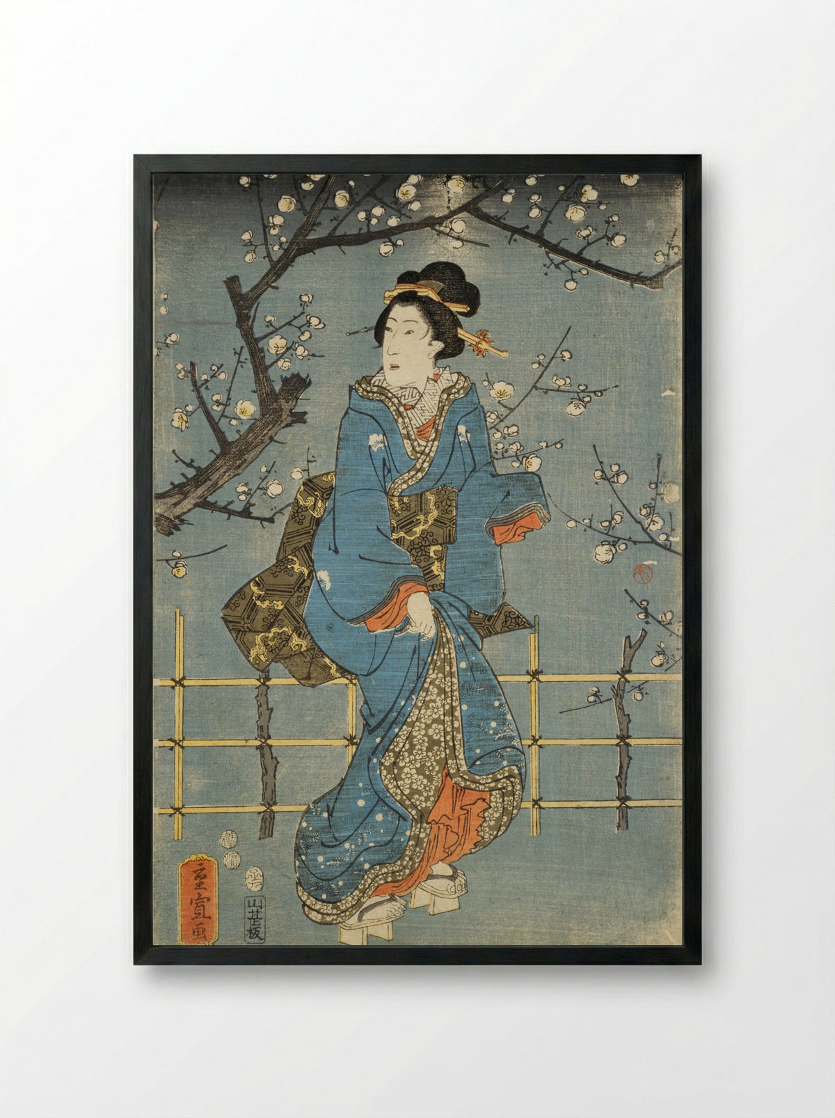 Woman Standing Before a Plum Tree - Utagawa Hiroshige II - Framed Print Black