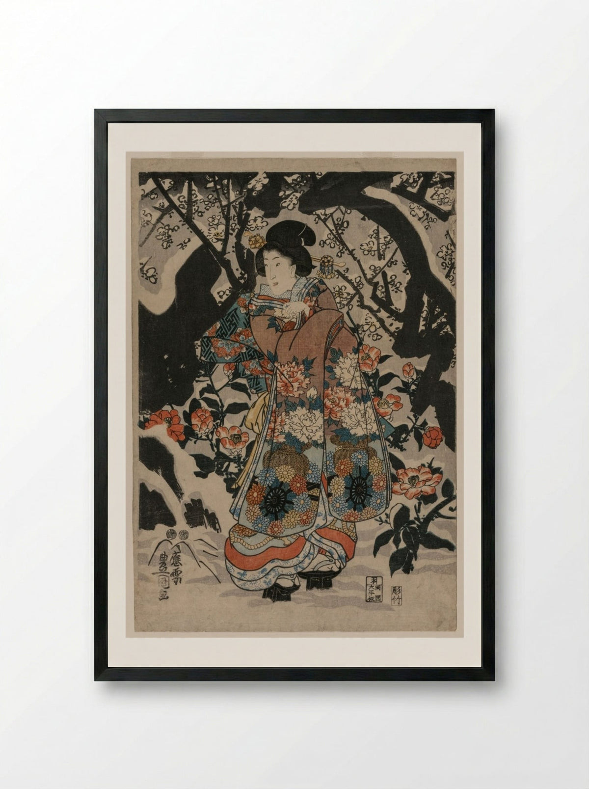 Woman Standing Beside a Plum Tree - Utagawa Kunisada - Framed Print Black