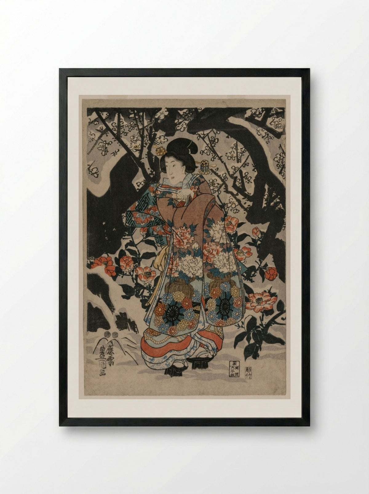 Woman Standing Beside a Plum Tree - Utagawa Kunisada - Framed Print Black