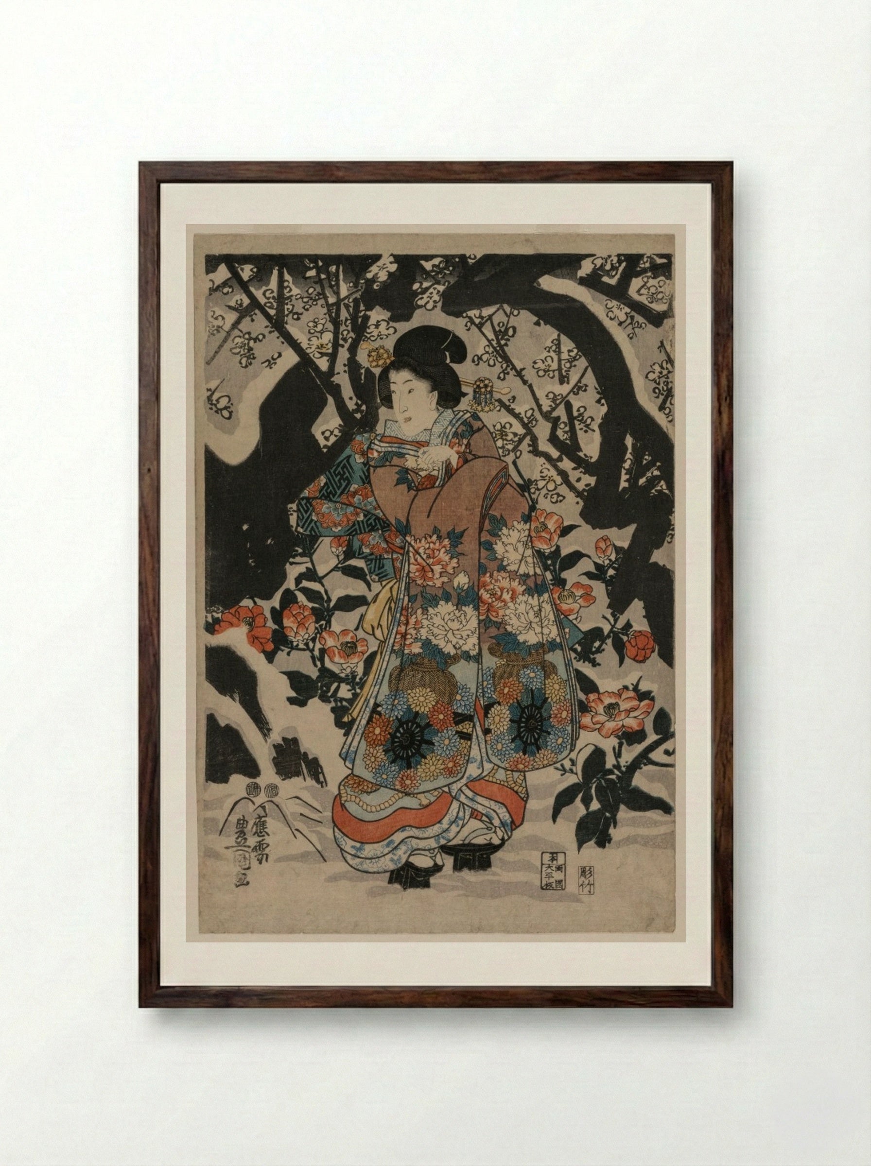 Woman Standing Beside a Plum Tree - Utagawa Kunisada - Framed Print Dark Wood