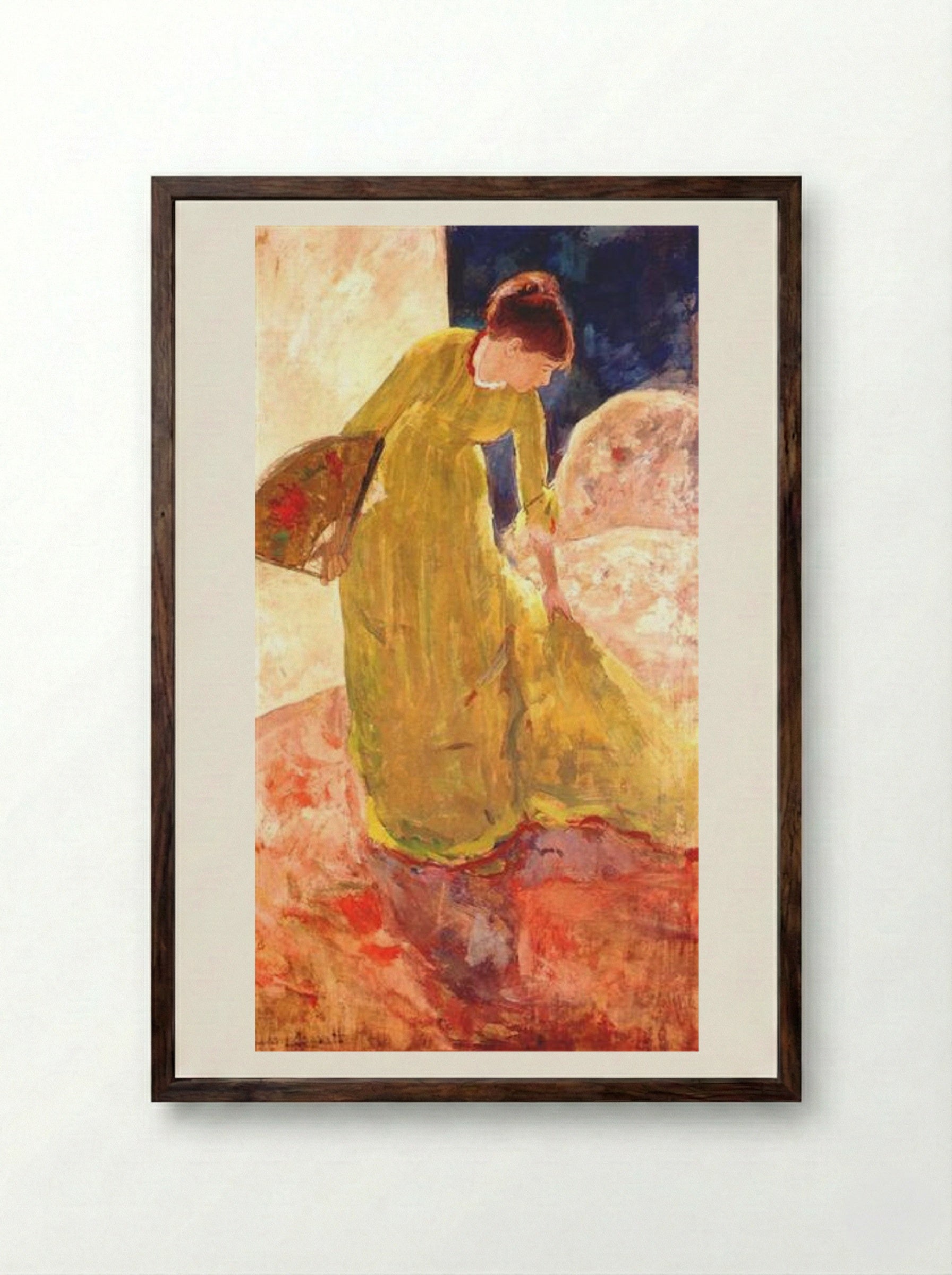 Woman Standing, Holding a Fan - Mary Cassatt - Framed Print Dark Wood
