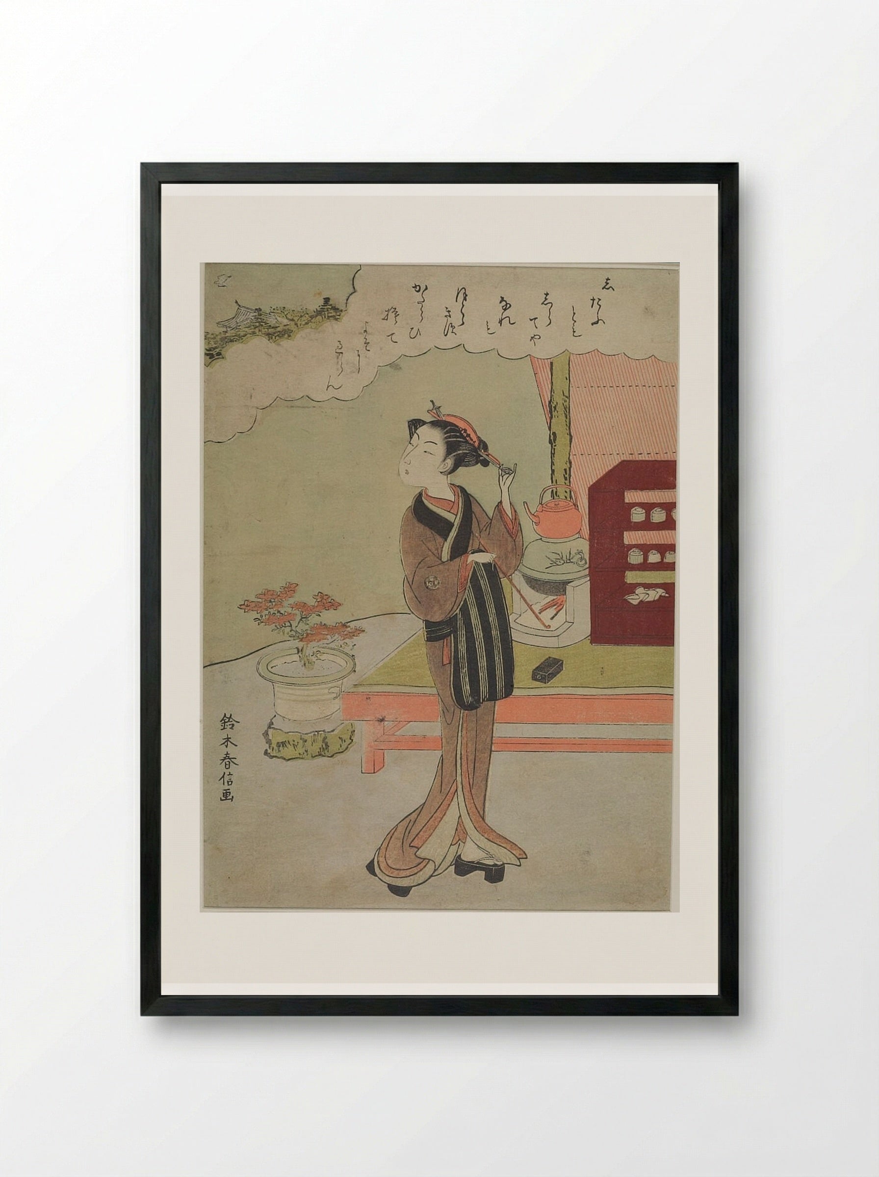 Woman Standing by Verandah, Smoking Pipe - Suzuki Harunobu - Framed Print Black