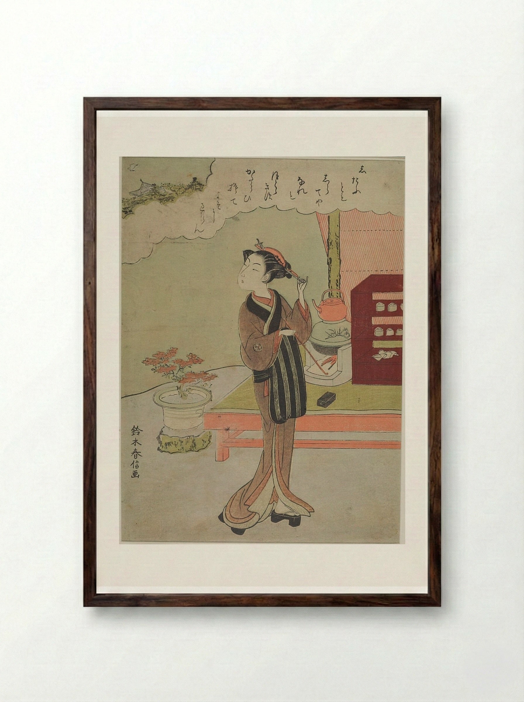 Woman Standing by Verandah, Smoking Pipe - Suzuki Harunobu - Framed Print Dark Wood
