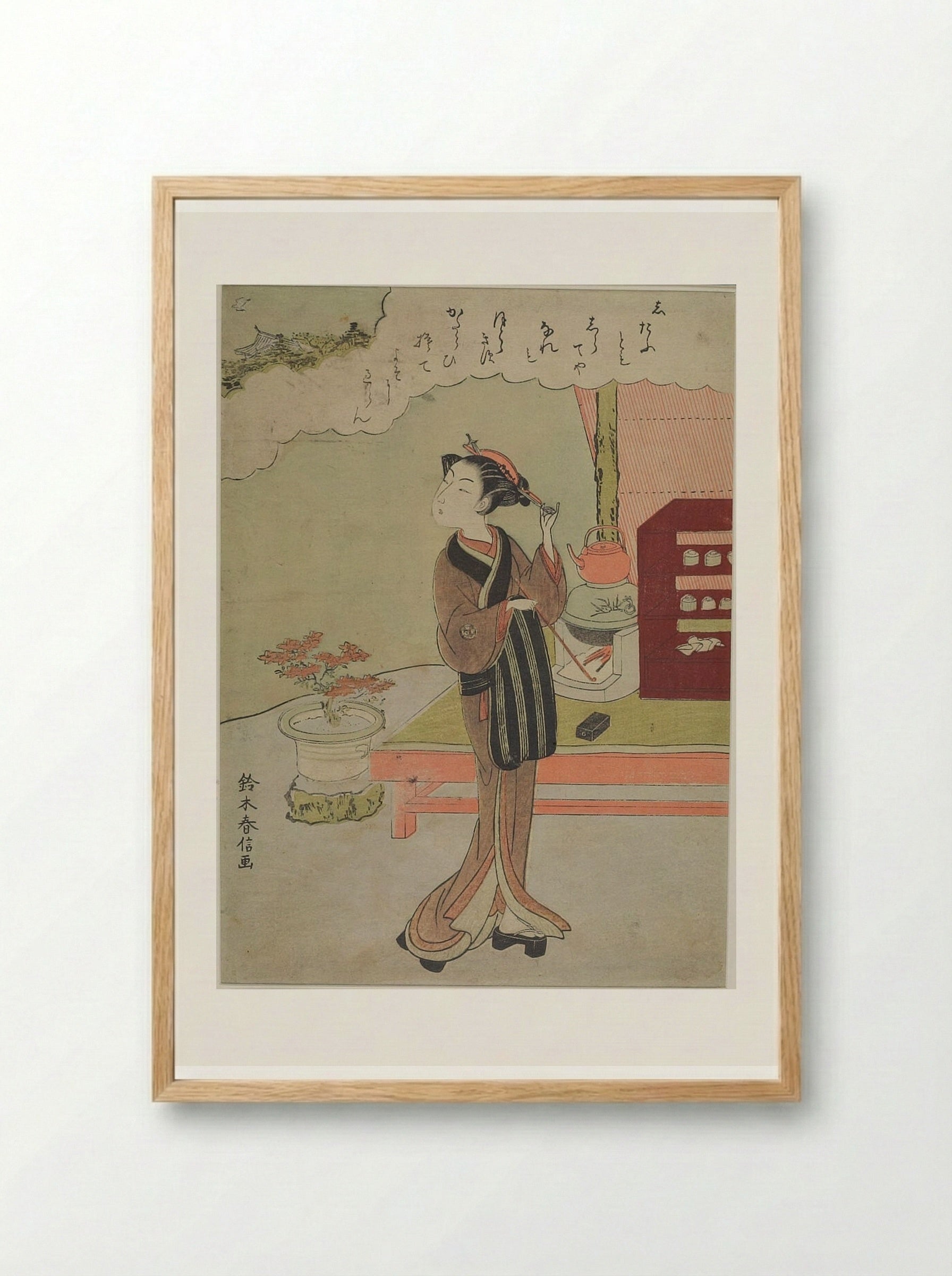 Woman Standing by Verandah, Smoking Pipe - Suzuki Harunobu - Framed Print Wood