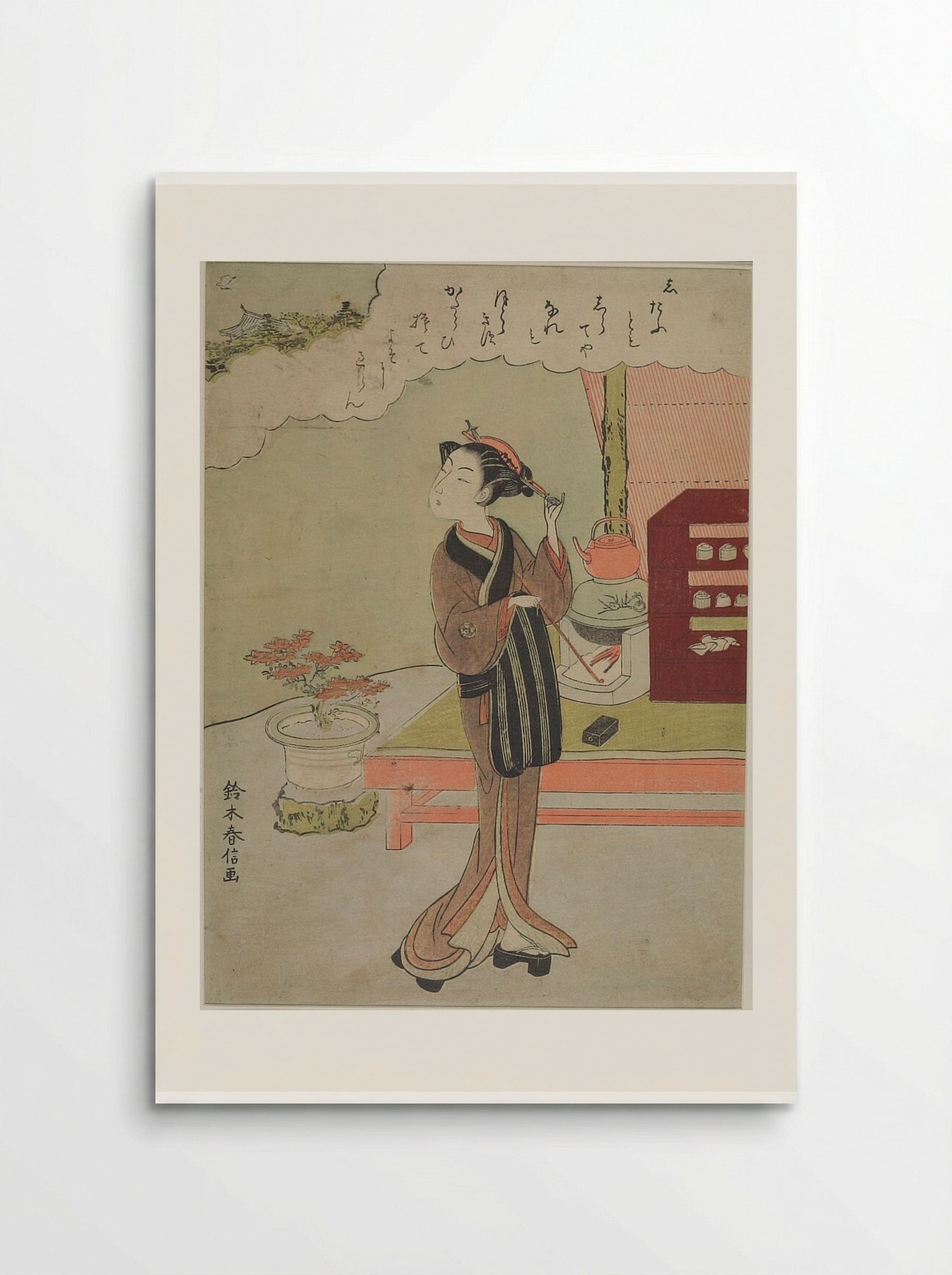 Woman Standing by Verandah, Smoking Pipe - Suzuki Harunobu - Poster