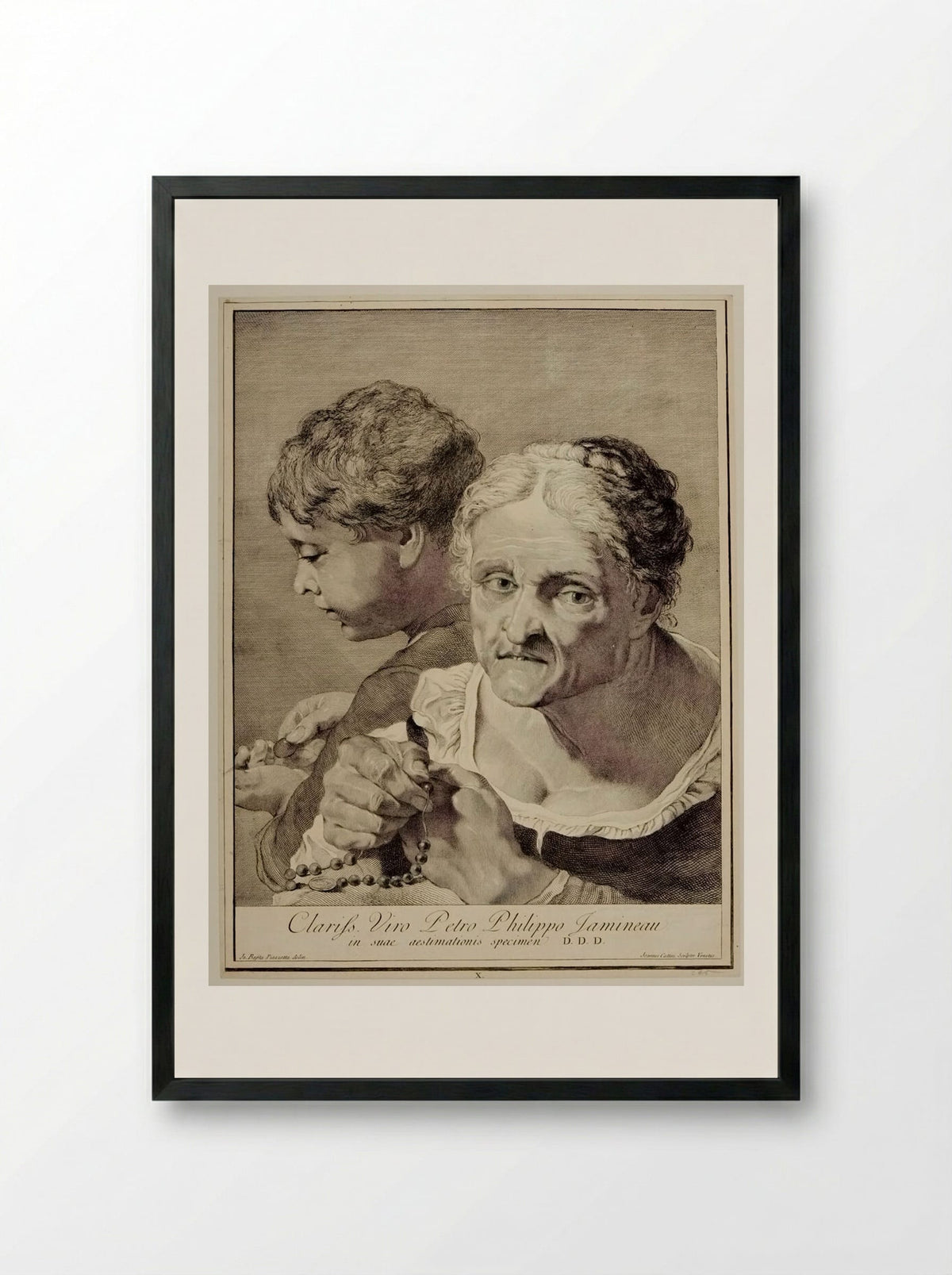 Woman Telling Beads and Boy Counting Money - Giovanni Cattini - Framed Print Black