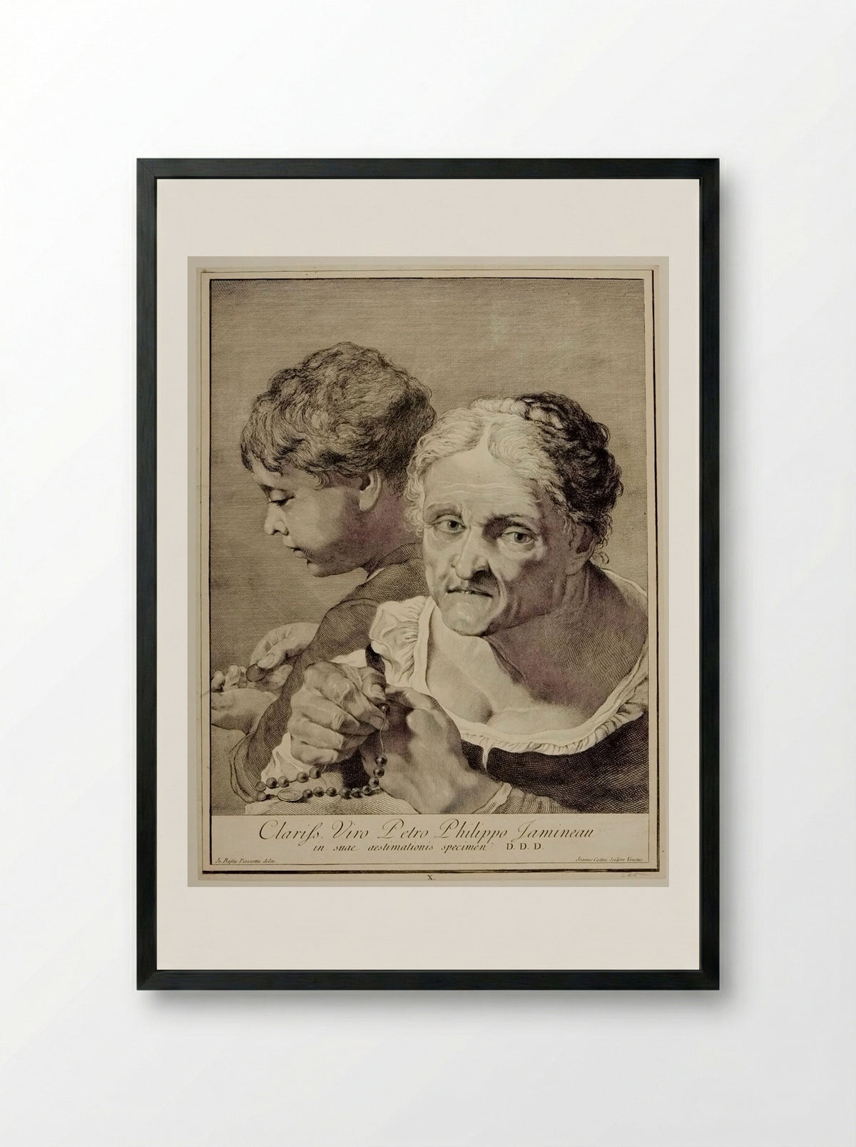 Woman Telling Beads and Boy Counting Money - Giovanni Cattini - Framed Print Black