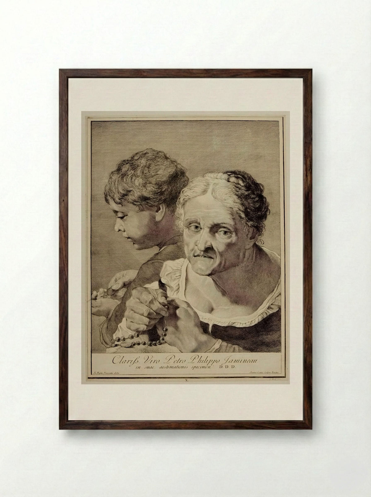 Woman Telling Beads and Boy Counting Money - Giovanni Cattini - Framed Print Dark Wood