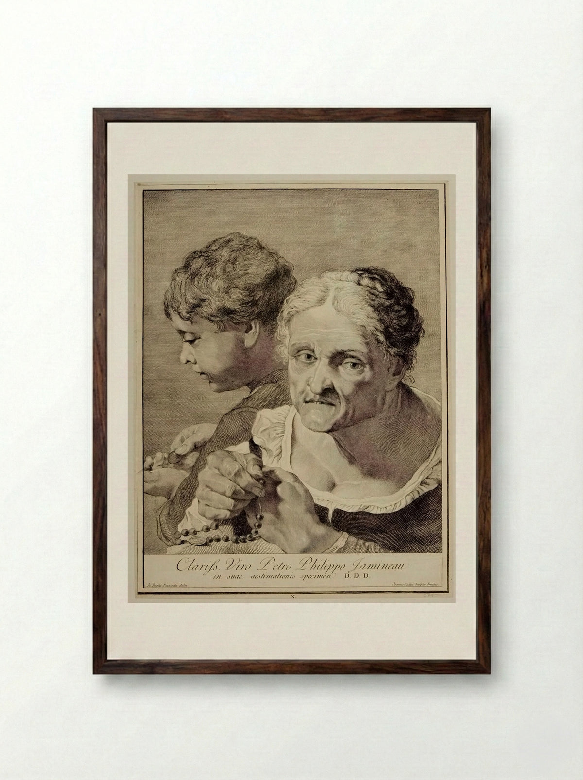 Woman Telling Beads and Boy Counting Money - Giovanni Cattini - Framed Print Dark Wood