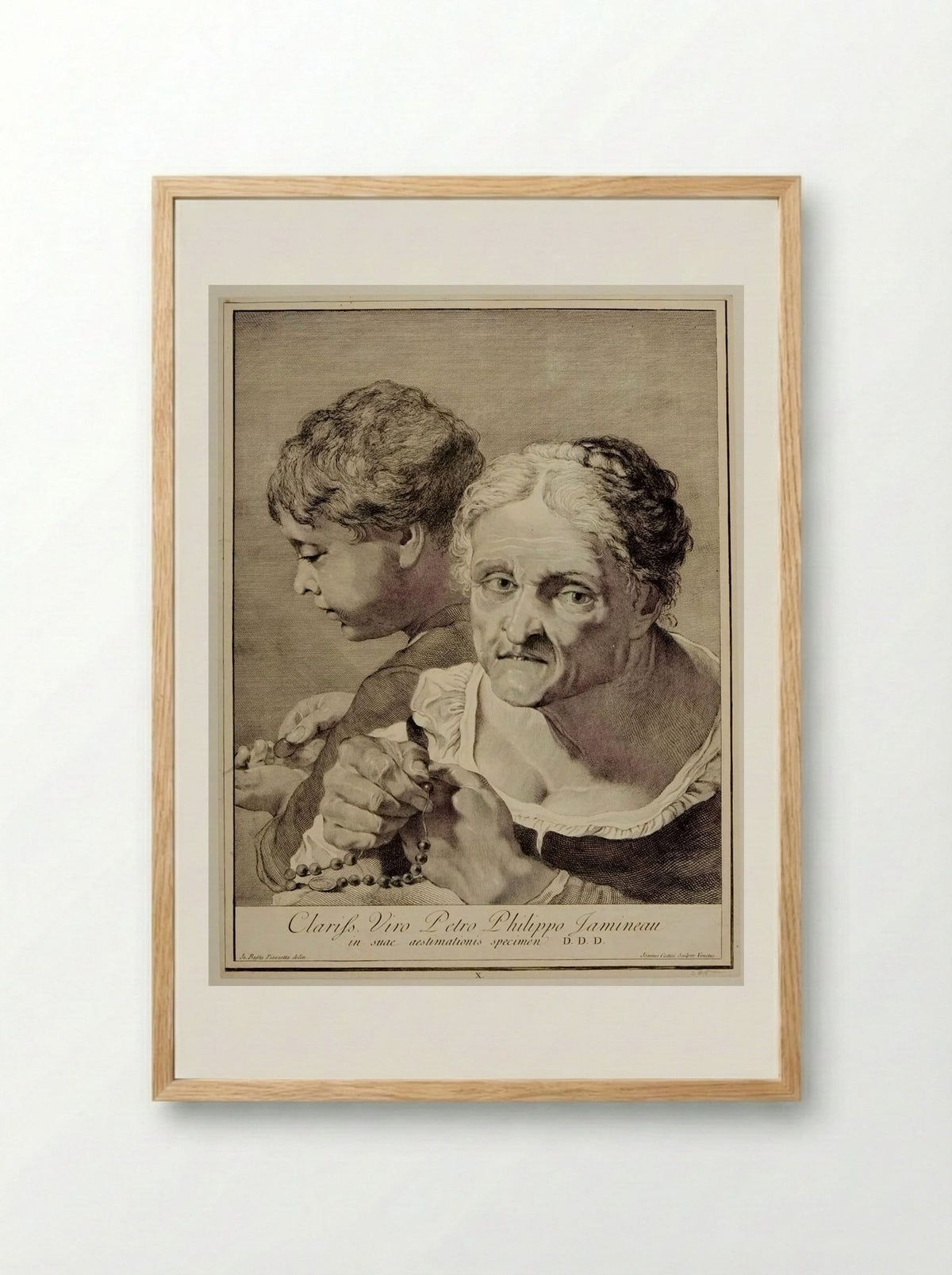 Woman Telling Beads and Boy Counting Money - Giovanni Cattini - Framed Print Wood