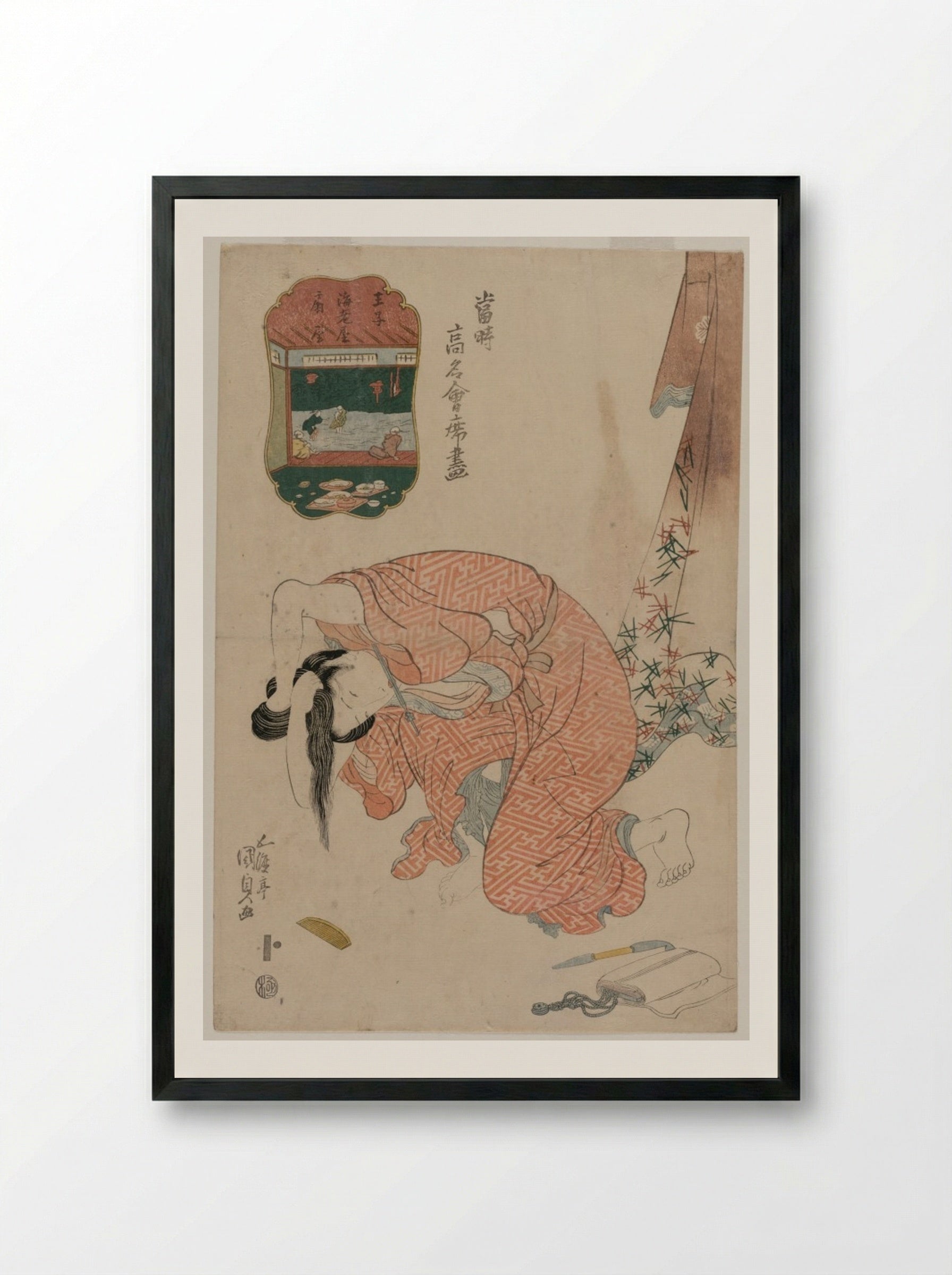 Woman Tying Her Hair (from the series Famous Restaurants of the Present Day) - Utagawa Kunisada - Framed Print Black