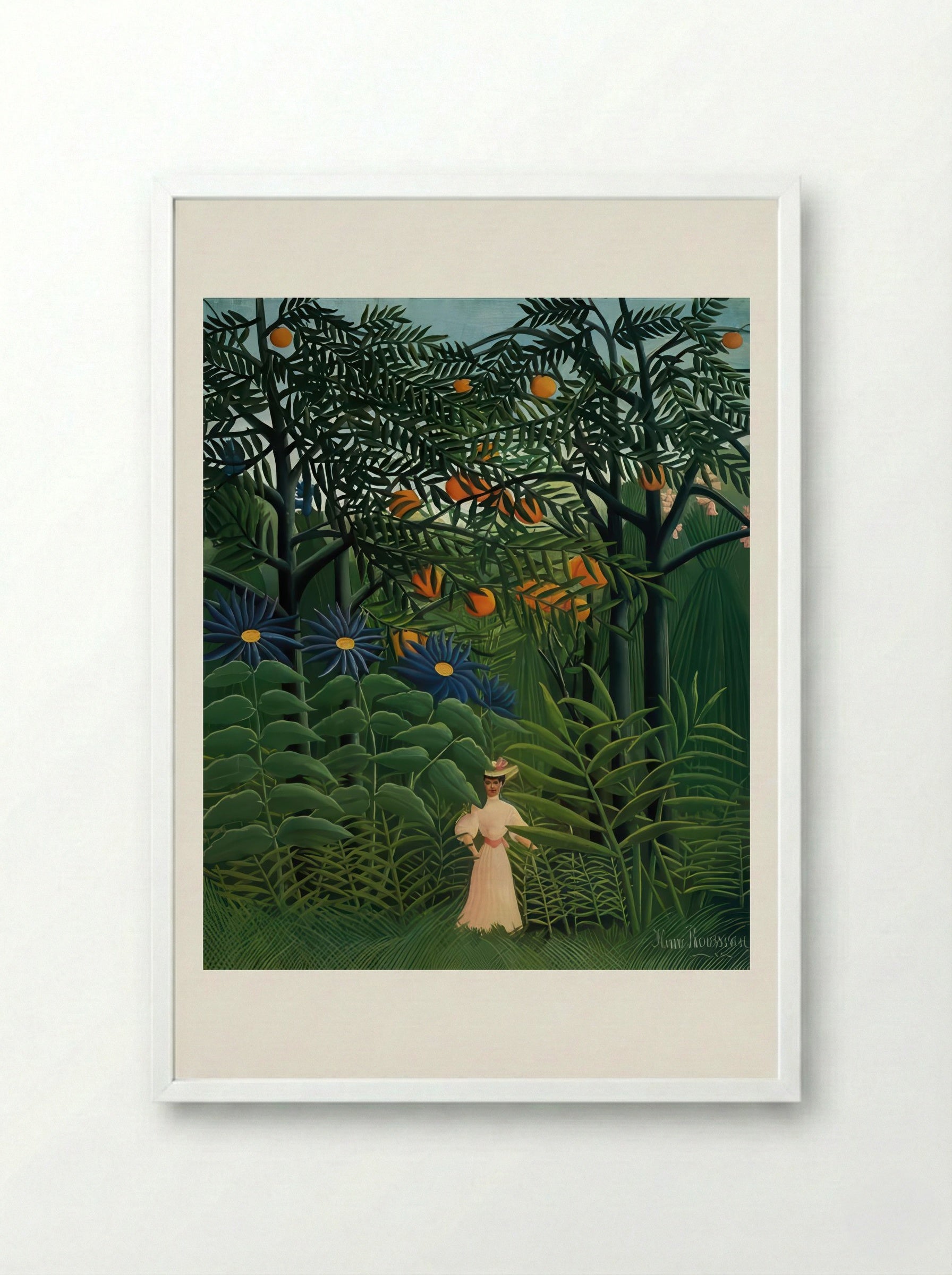 Woman Walking in an Exotic Forest by Henri Rousseau – Naïve Art Jungle Scene Print - Framed Print White