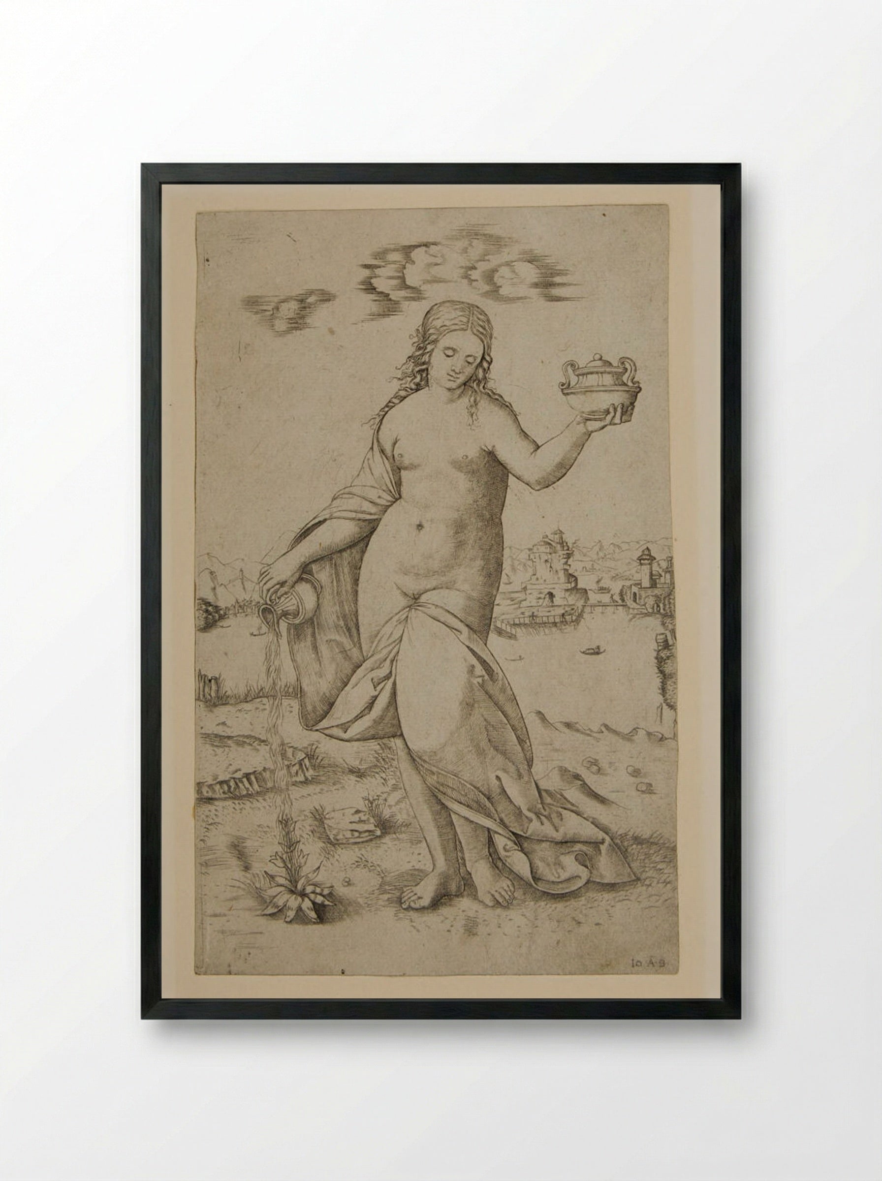 Woman Watering a Plant - Giovanni Antonio da Brescia - Framed Print Black