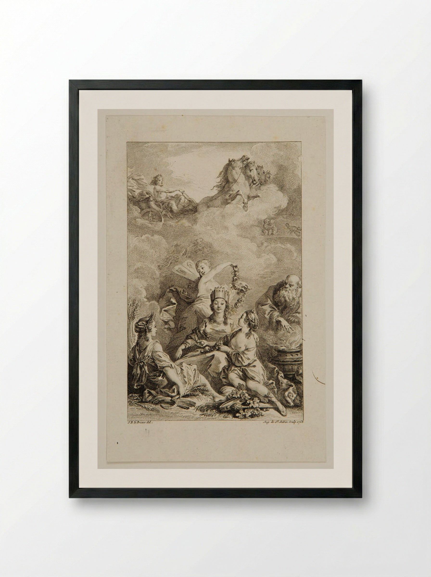 Woman Wearing a Crown, Receiving a Garland of Flowers and Fruit - Augustin de Saint-Aubin - Framed Print Black