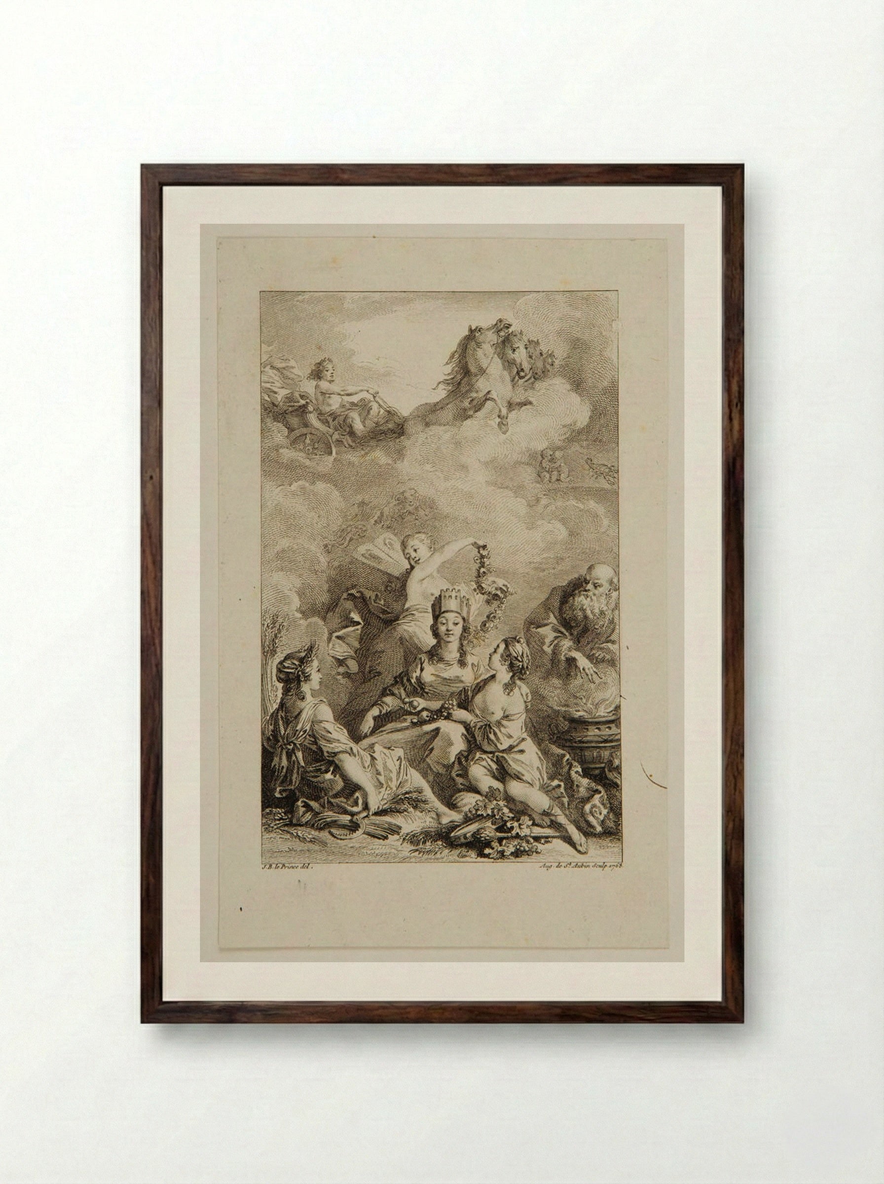 Woman Wearing a Crown, Receiving a Garland of Flowers and Fruit - Augustin de Saint-Aubin - Framed Print Dark Wood