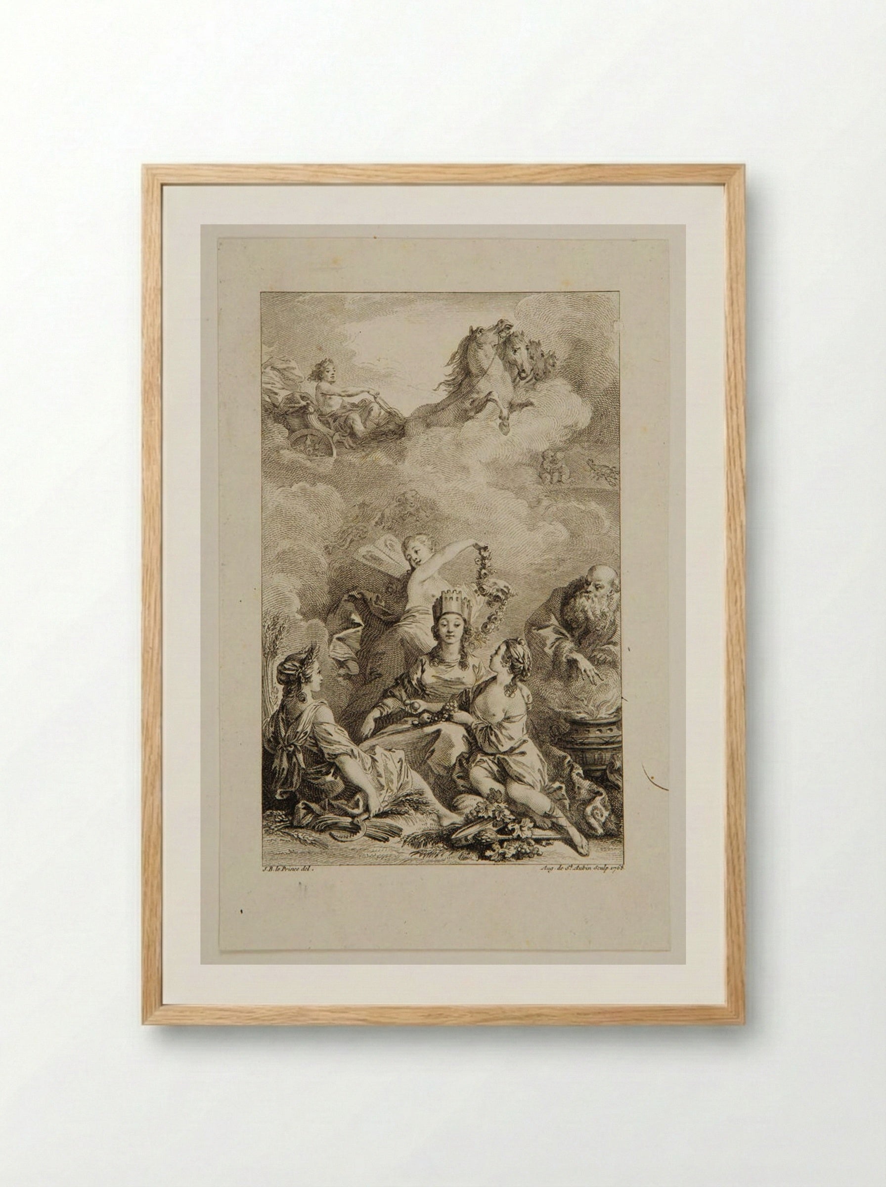 Woman Wearing a Crown, Receiving a Garland of Flowers and Fruit - Augustin de Saint-Aubin - Framed Print Wood