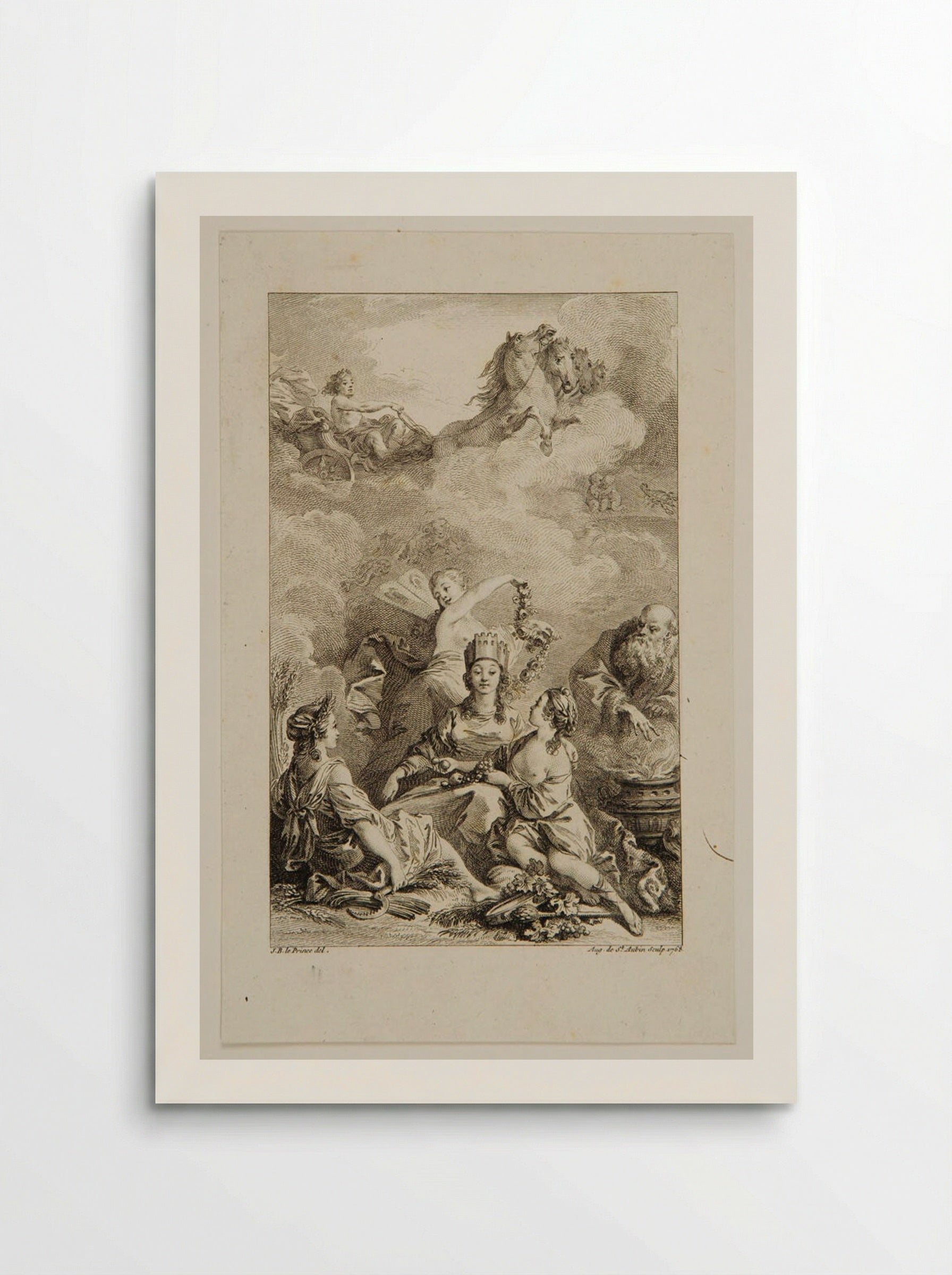 Woman Wearing a Crown, Receiving a Garland of Flowers and Fruit - Augustin de Saint-Aubin - Poster