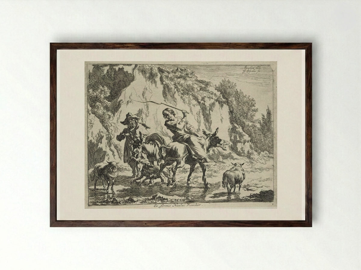 Woman Whipping her Donkey - Cornelis Visscher - Framed Print Dark Wood