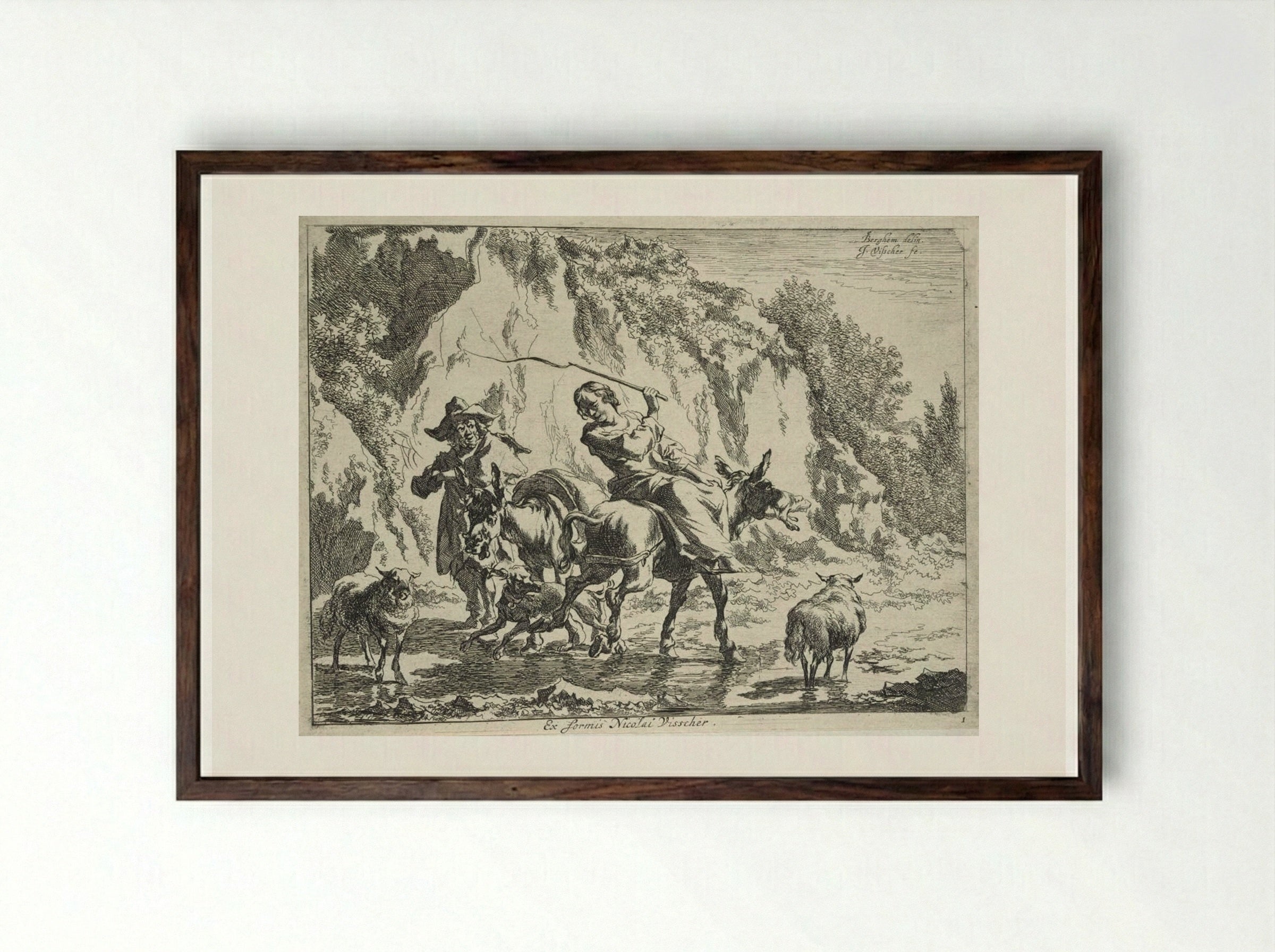 Woman Whipping her Donkey - Cornelis Visscher - Framed Print Dark Wood
