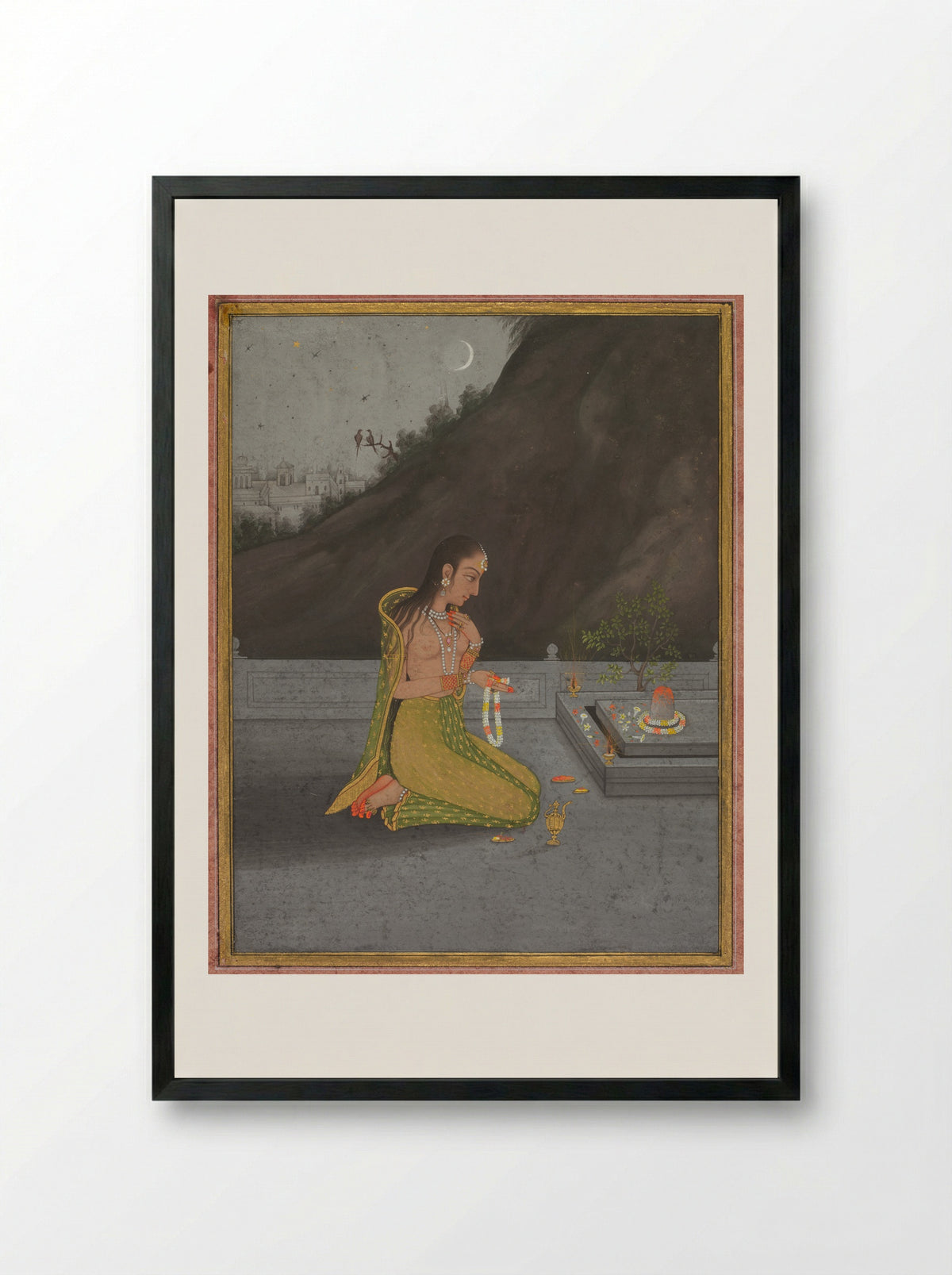 Woman Worshipping at a Shiva Lingam - Ahmad al-Husaini - Framed Print Black