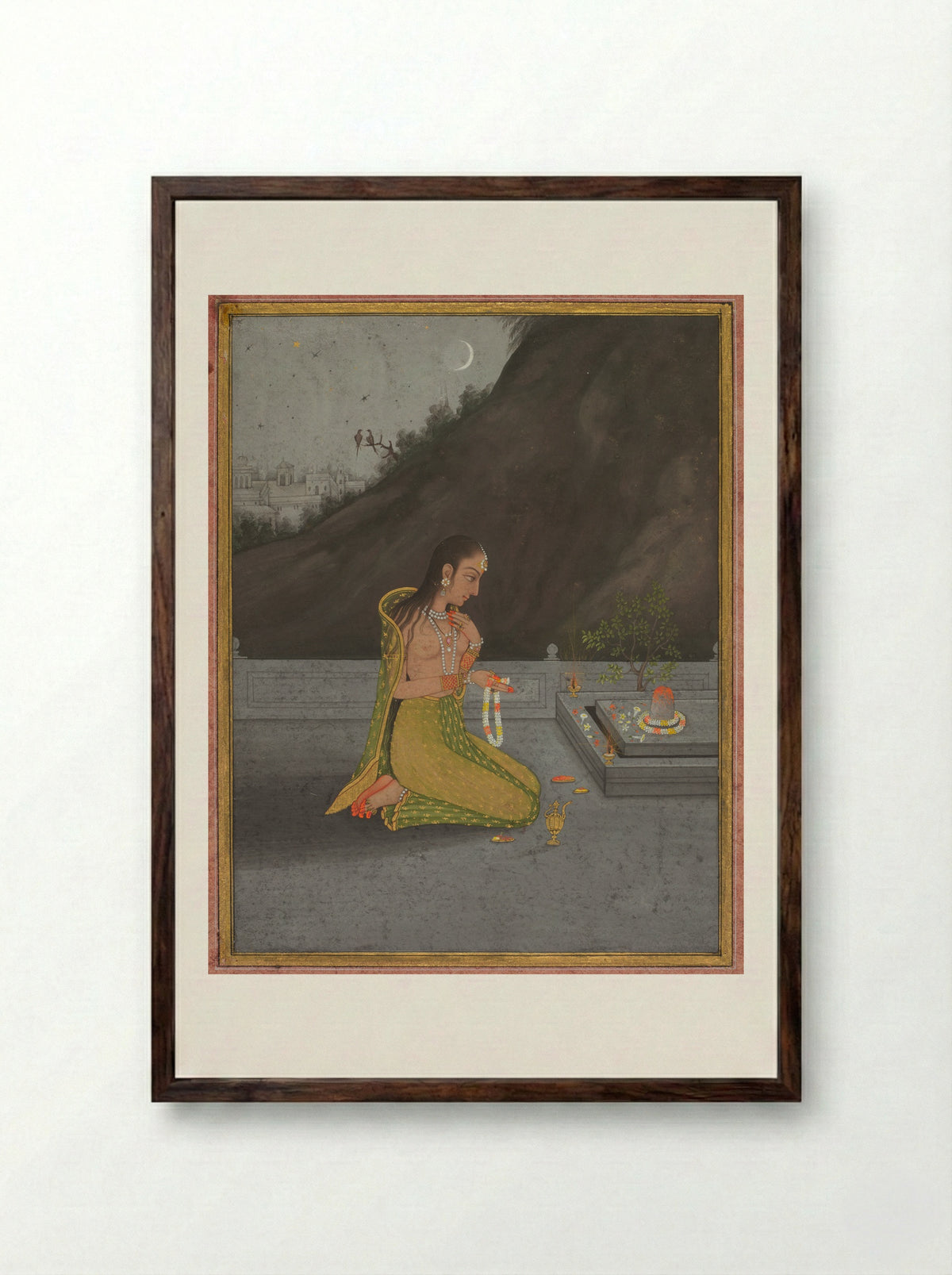 Woman Worshipping at a Shiva Lingam - Ahmad al-Husaini - Framed Print Dark Wood