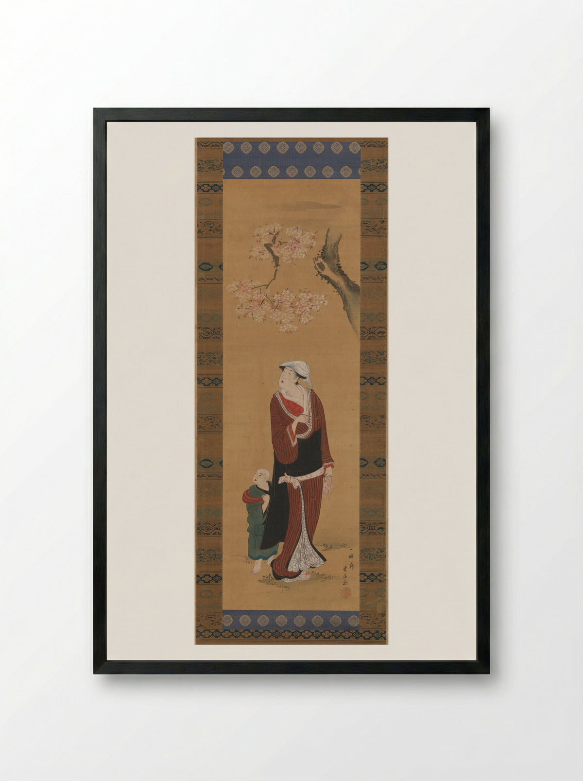 Woman and Child Beneath Cherry Blossoms - Utagawa Toyohiro - Framed Print Black