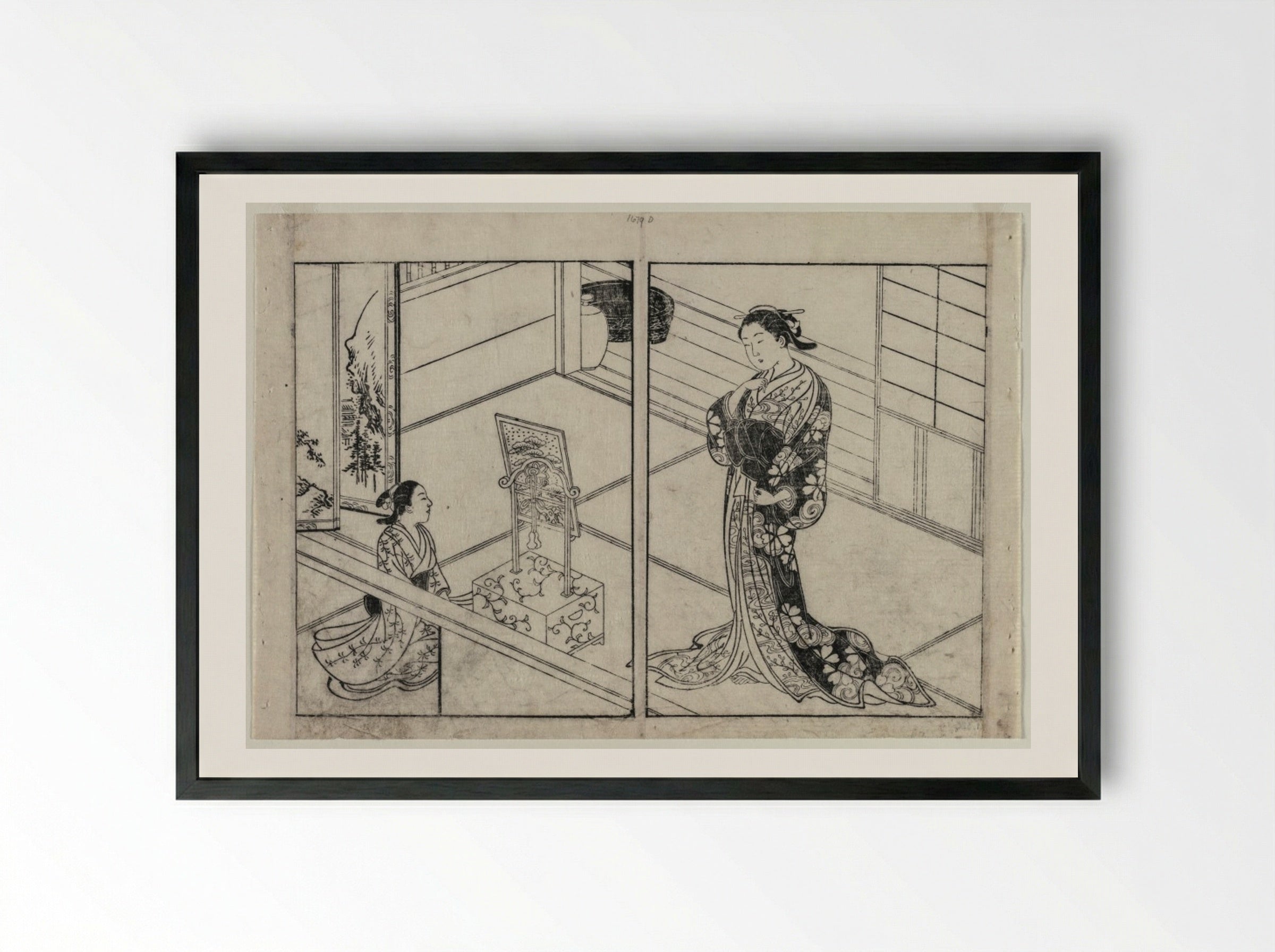 Woman and Child Beside a Mirror Stand - Nishikawa Sukenobu - Framed Print Black