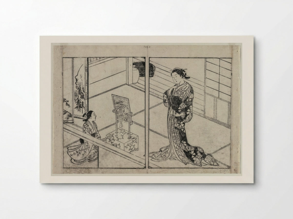 Woman and Child Beside a Mirror Stand - Nishikawa Sukenobu - Poster