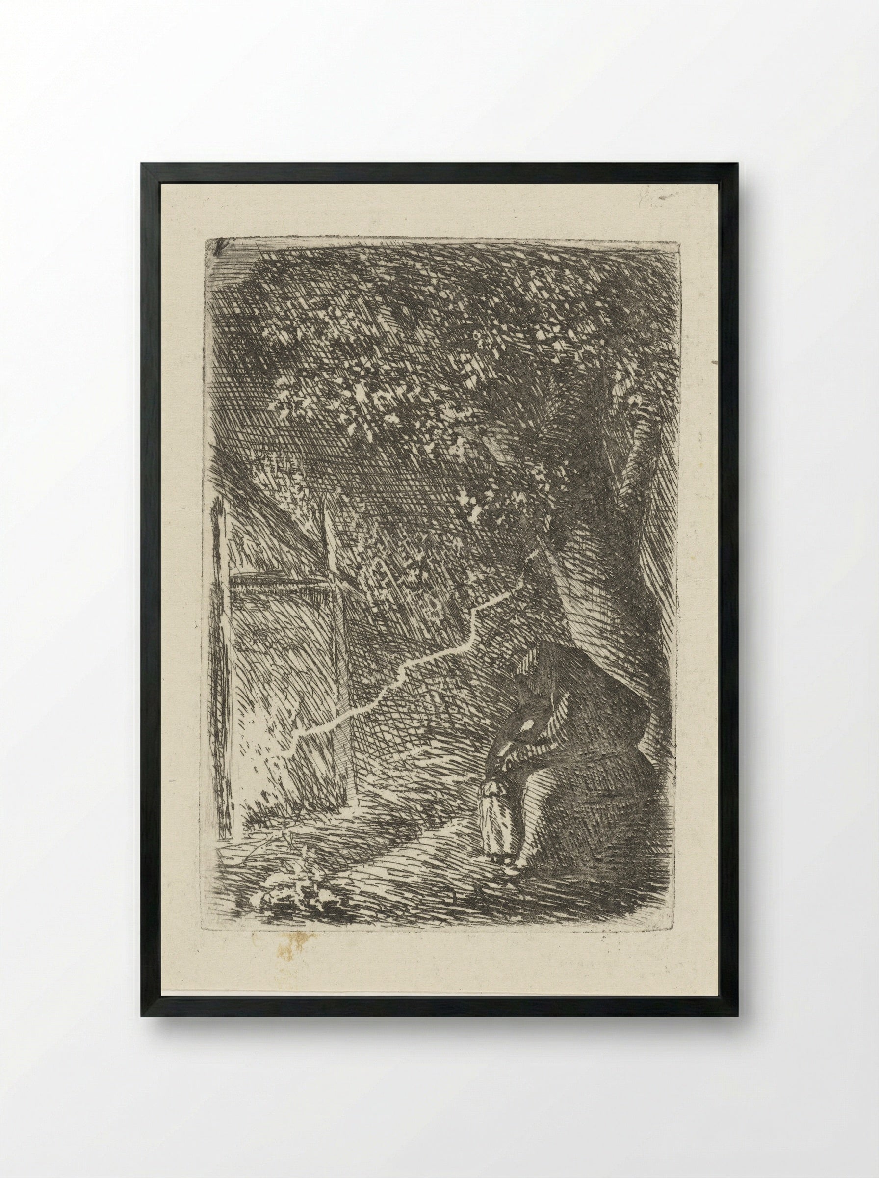 Woman and Child Sheltering from Lightning Under a Tree - Louis Bernard Coclers - Framed Print Black