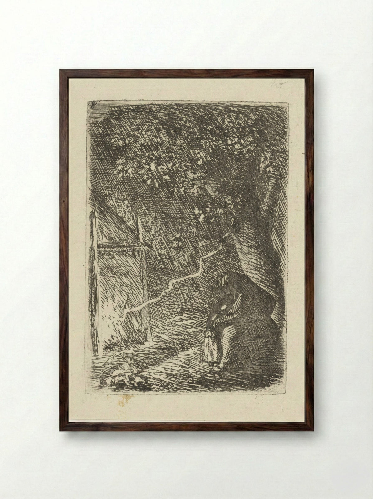 Woman and Child Sheltering from Lightning Under a Tree - Louis Bernard Coclers - Framed Print Dark Wood