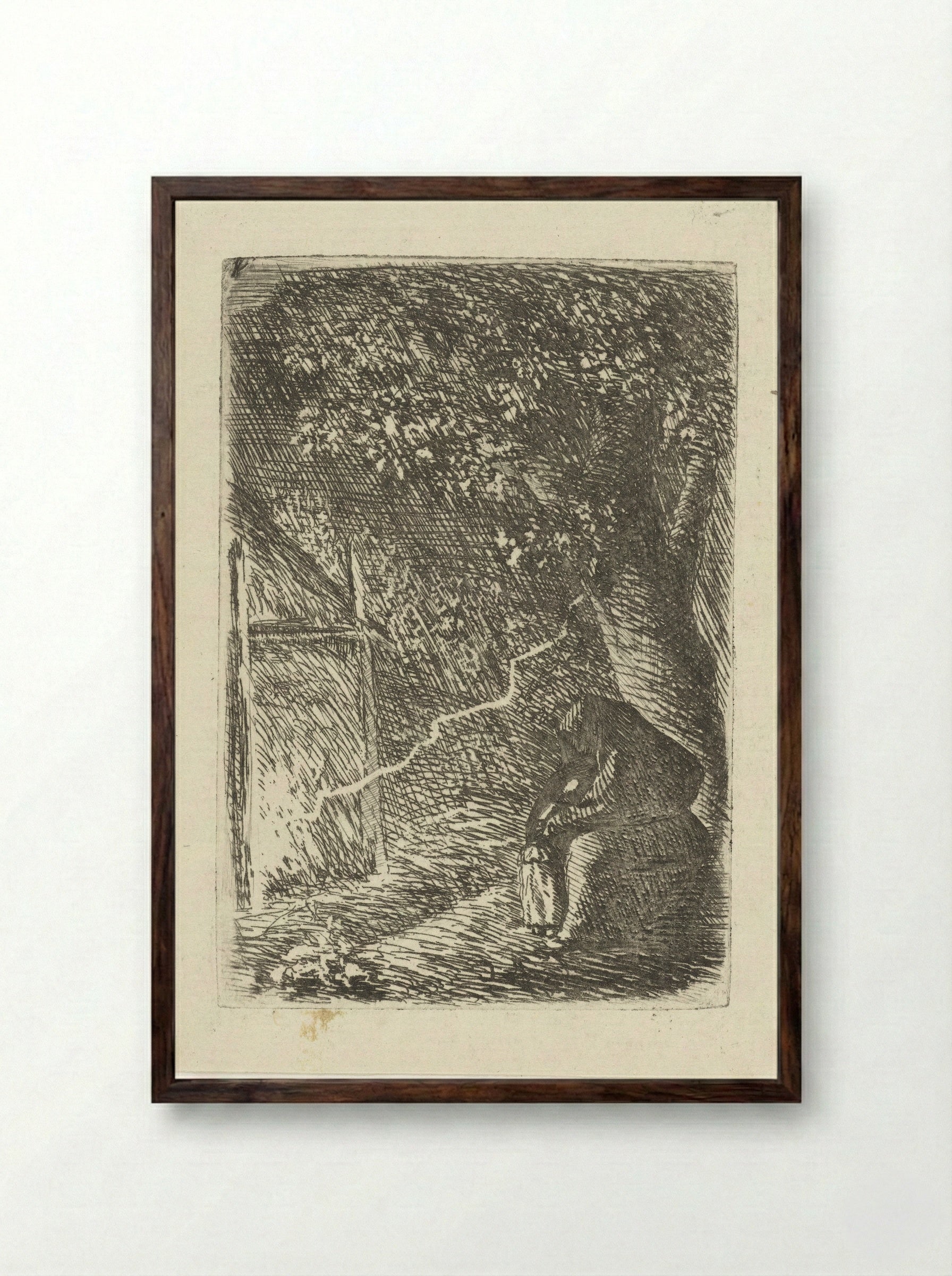 Woman and Child Sheltering from Lightning Under a Tree - Louis Bernard Coclers - Framed Print Dark Wood