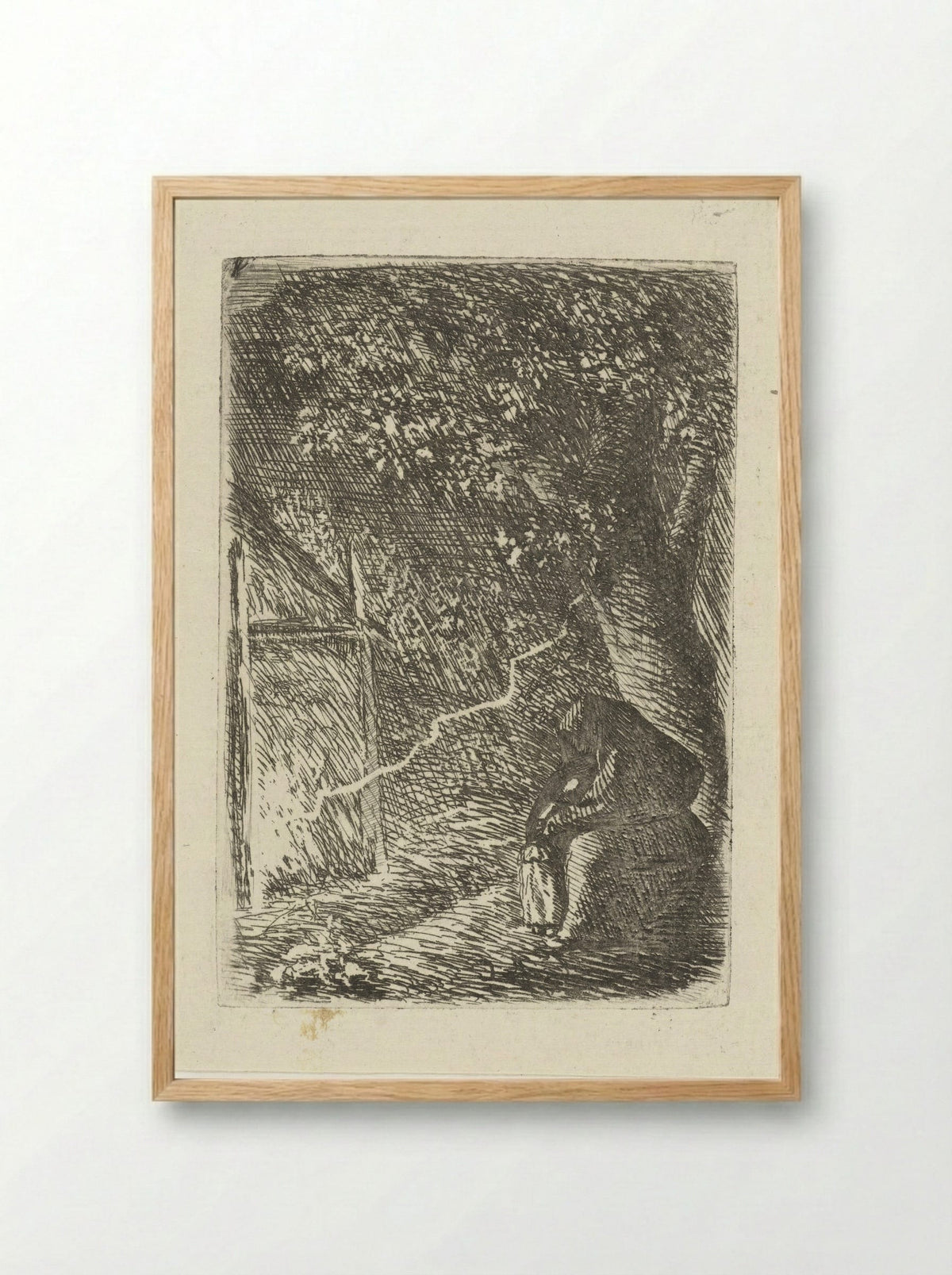 Woman and Child Sheltering from Lightning Under a Tree - Louis Bernard Coclers - Framed Print Wood