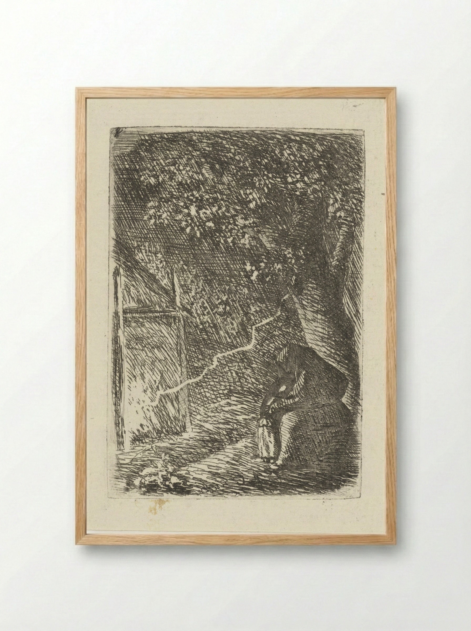 Woman and Child Sheltering from Lightning Under a Tree - Louis Bernard Coclers - Framed Print Wood