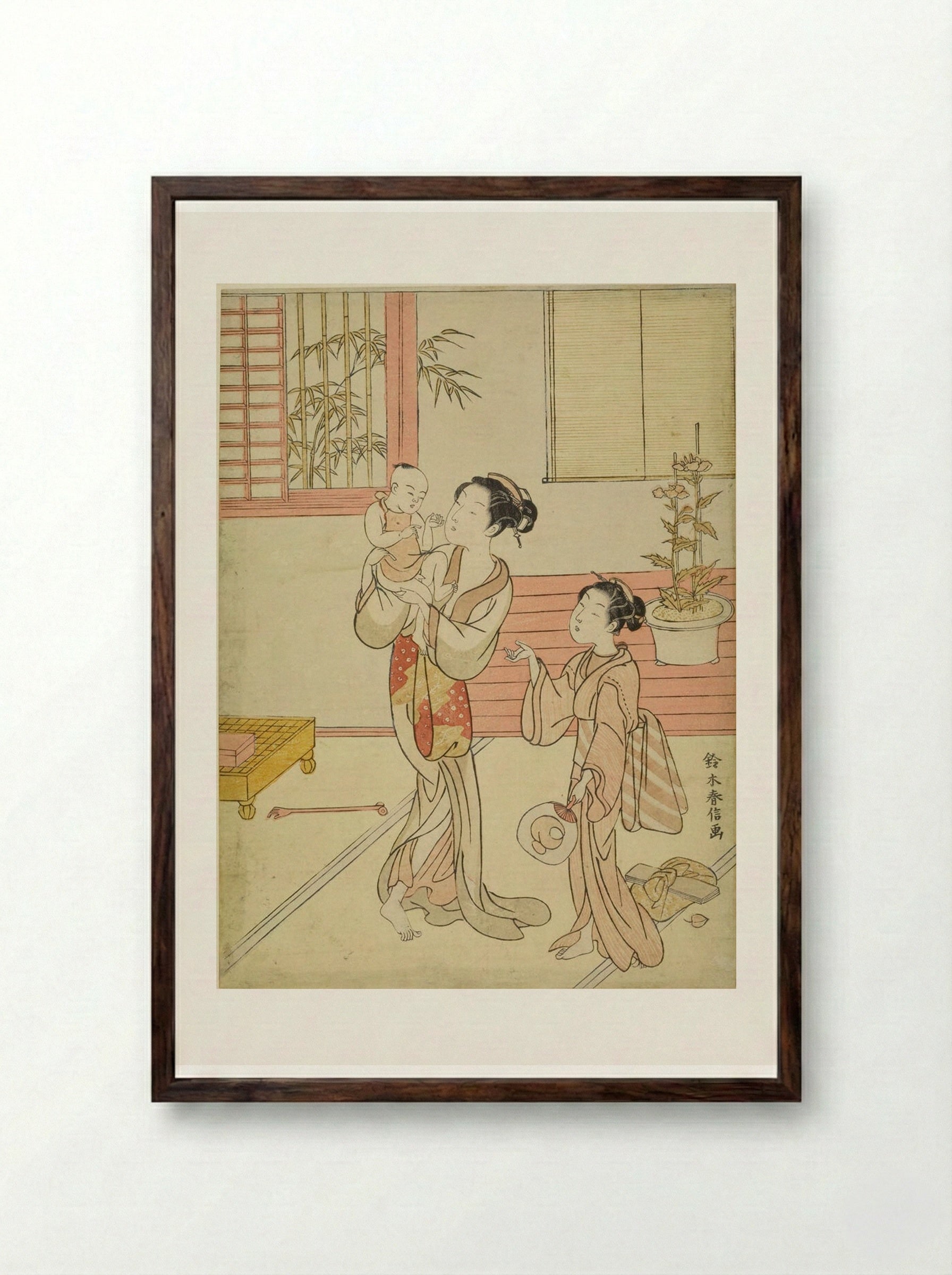Woman and Girl Amusing a Baby - Suzuki Harunobu - Framed Print Dark Wood