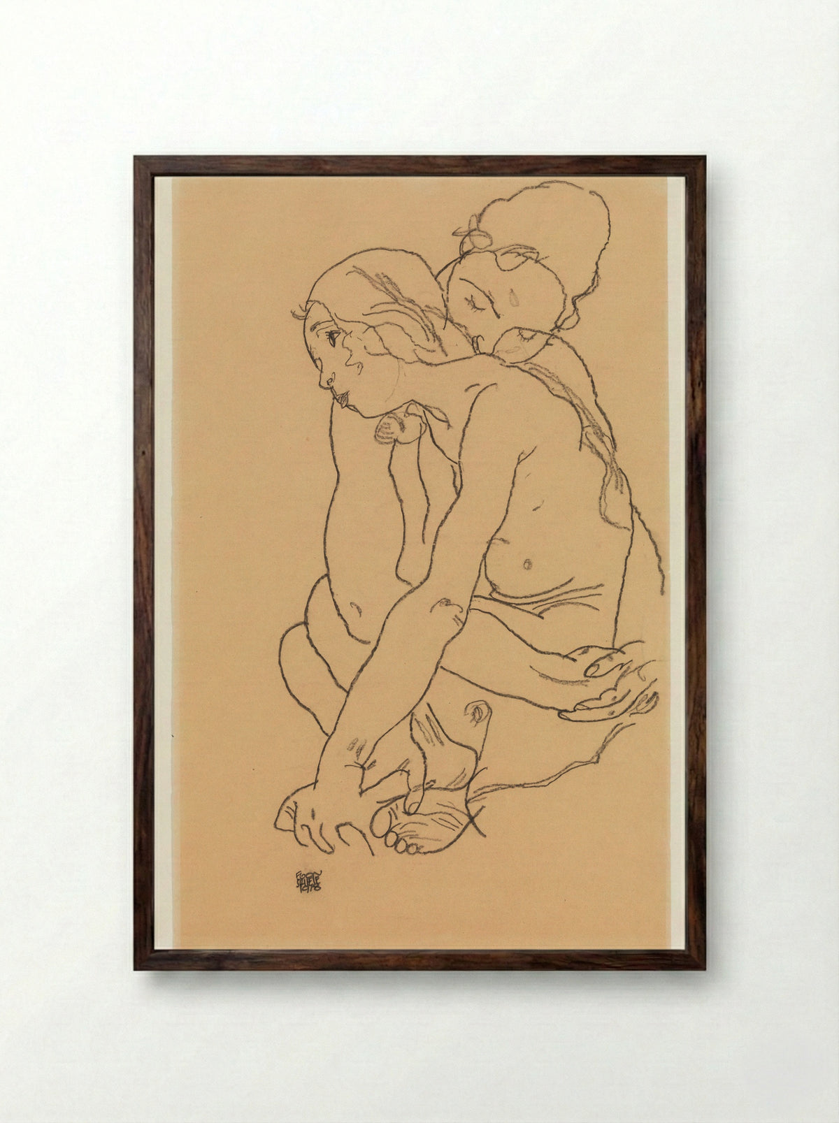 Woman and Girl Embracing - Egon Schiele - Framed Print Dark Wood