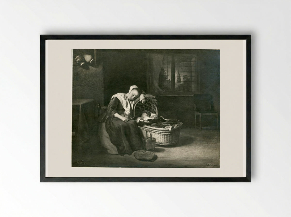 Woman at a Cradle - Nicolaes Maes - Framed Print Black