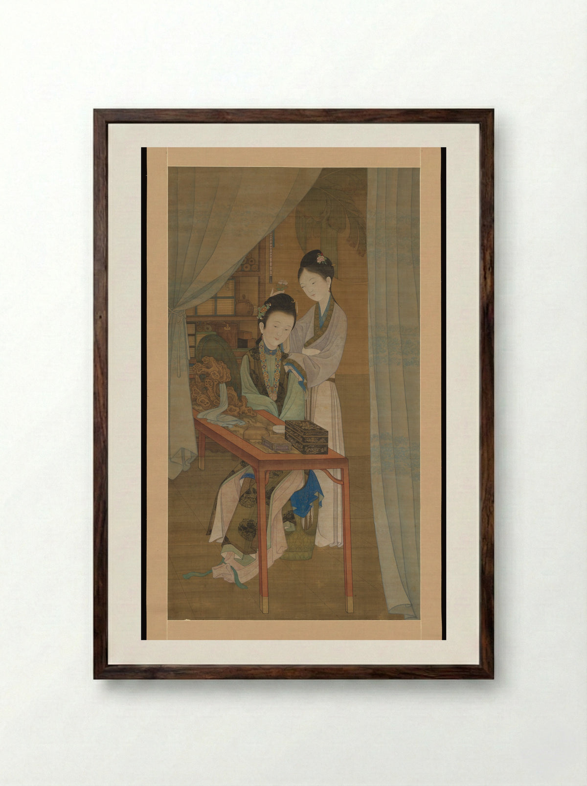 Woman at her dressing table - Leng Mei - Framed Print Dark Wood