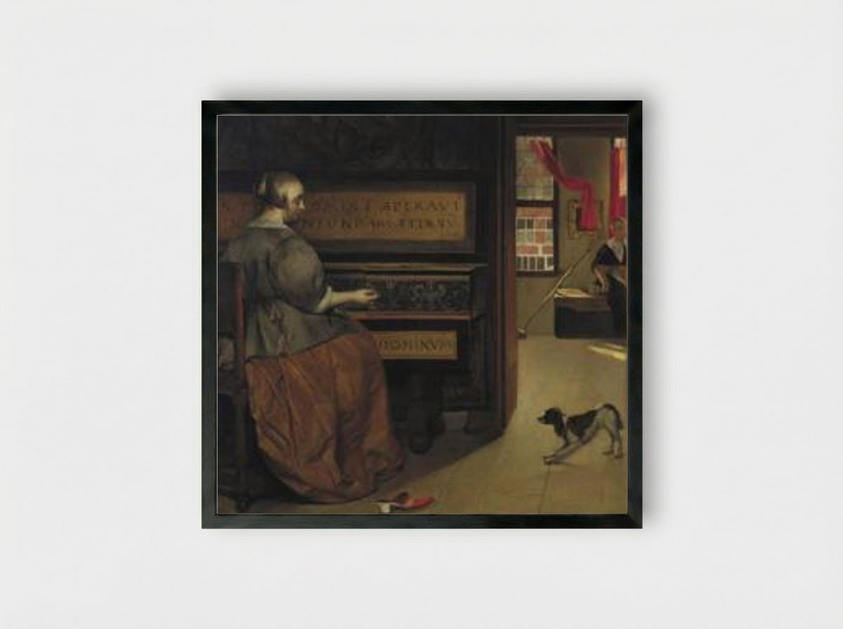 Woman at the Virginals - Gabriel Metsu - Framed Print Black