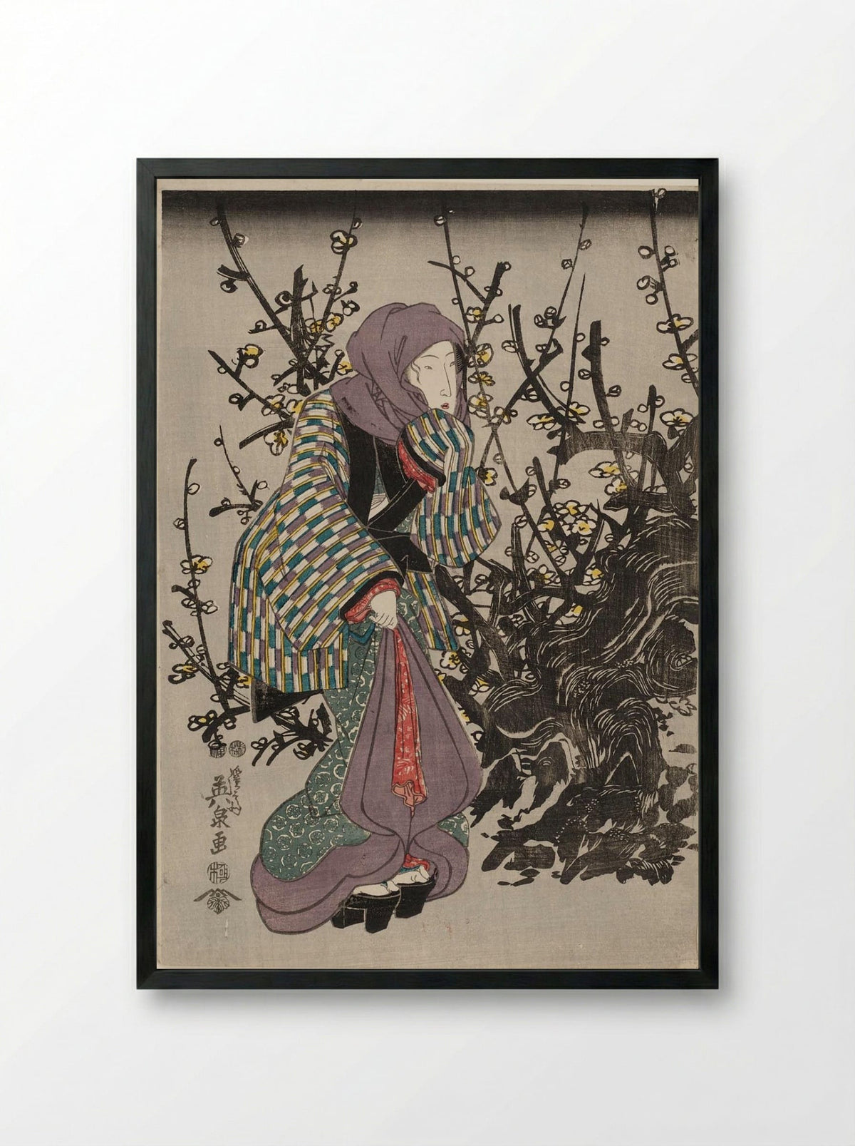 Woman by Plum Tree at Night - Keisai Eisen - Framed Print Black