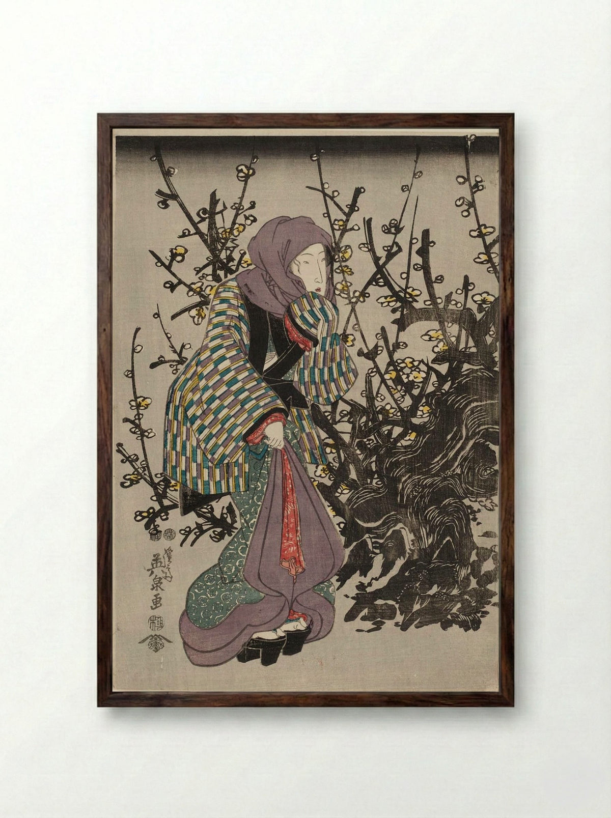 Woman by Plum Tree at Night - Keisai Eisen - Framed Print Dark Wood