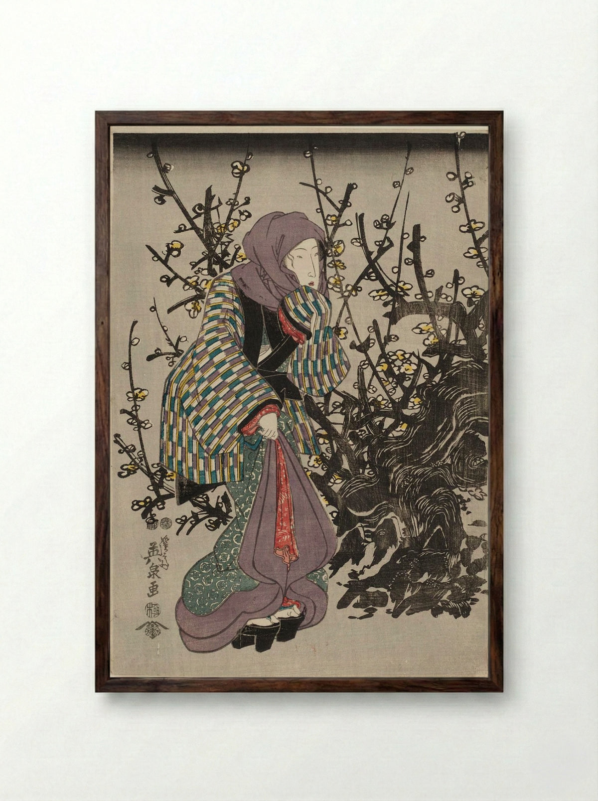 Woman by Plum Tree at Night - Keisai Eisen - Framed Print Dark Wood