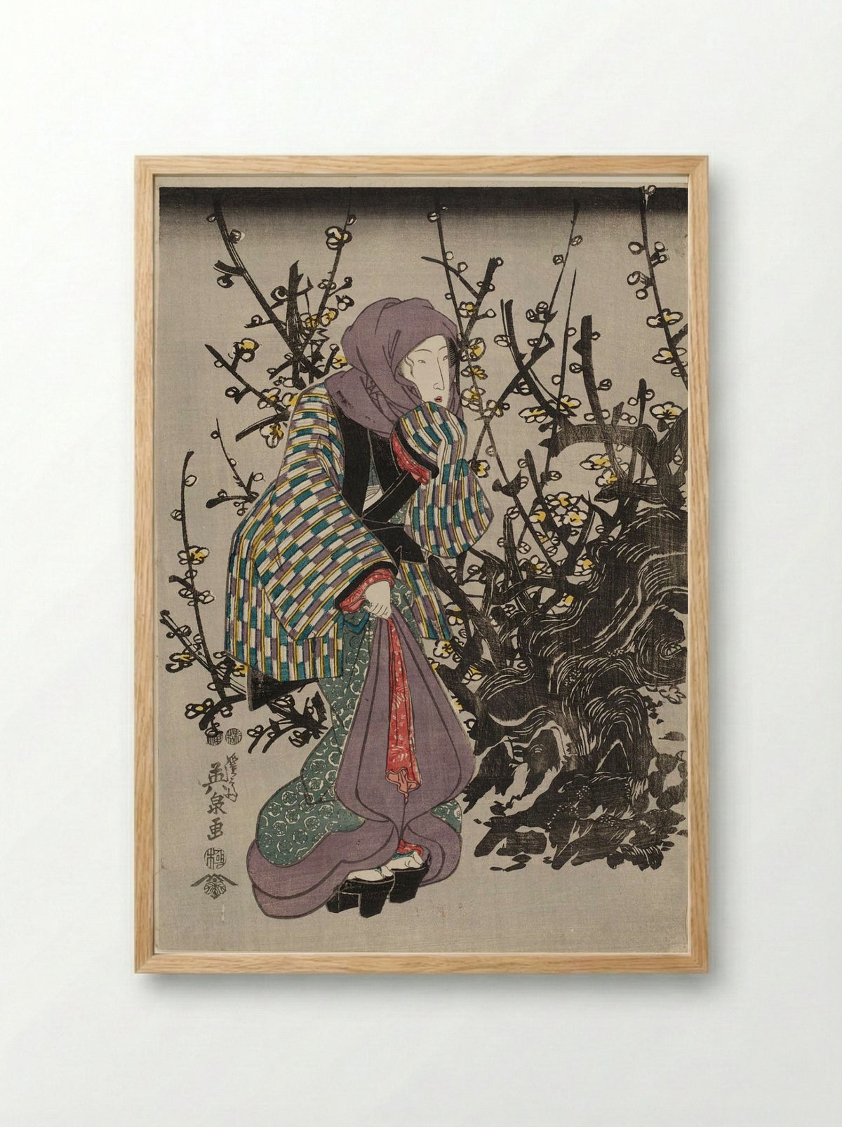 Woman by Plum Tree at Night - Keisai Eisen - Framed Print Wood